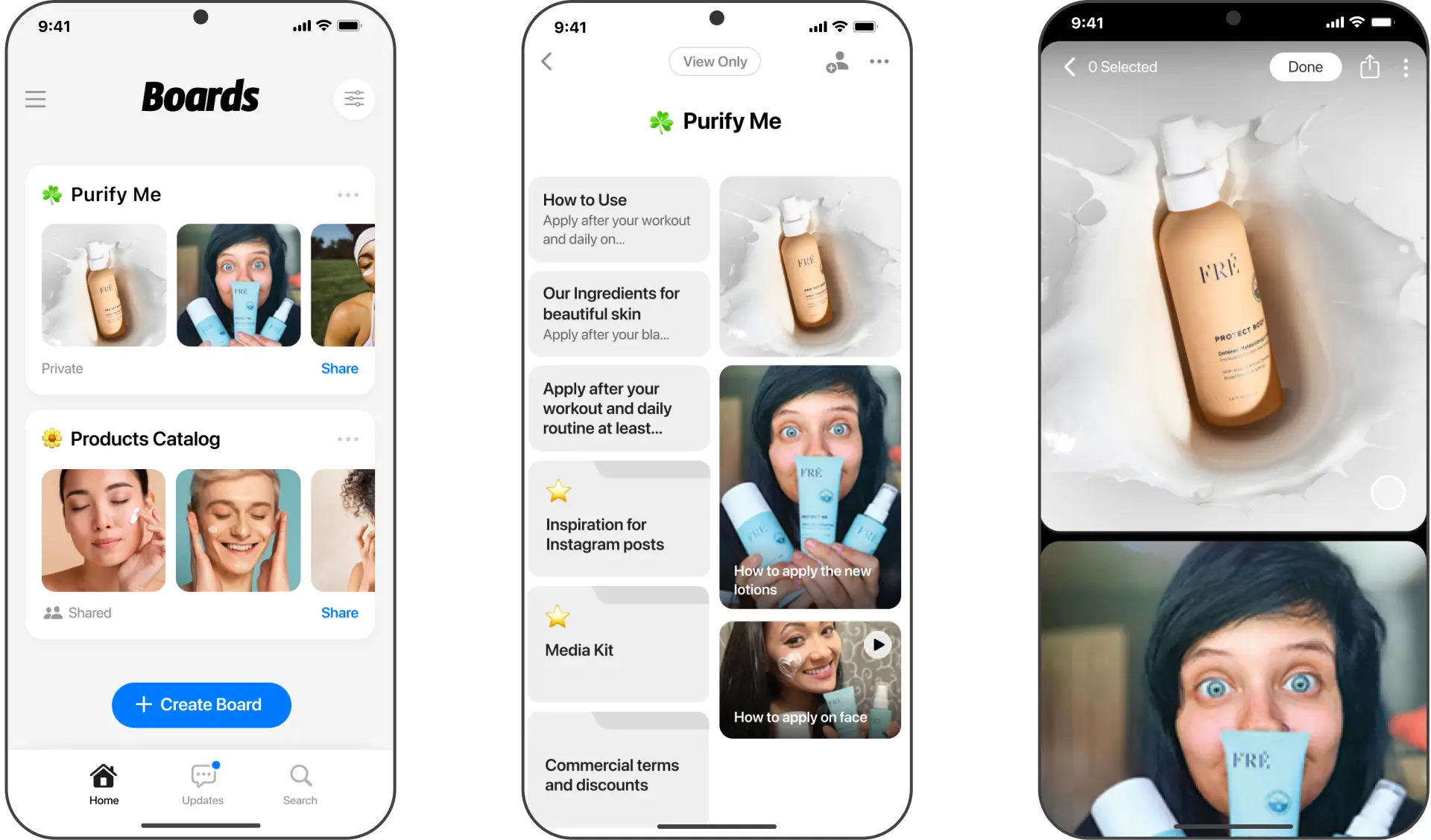 Boards app main flow for arranging and sharing company content, three mobile screens