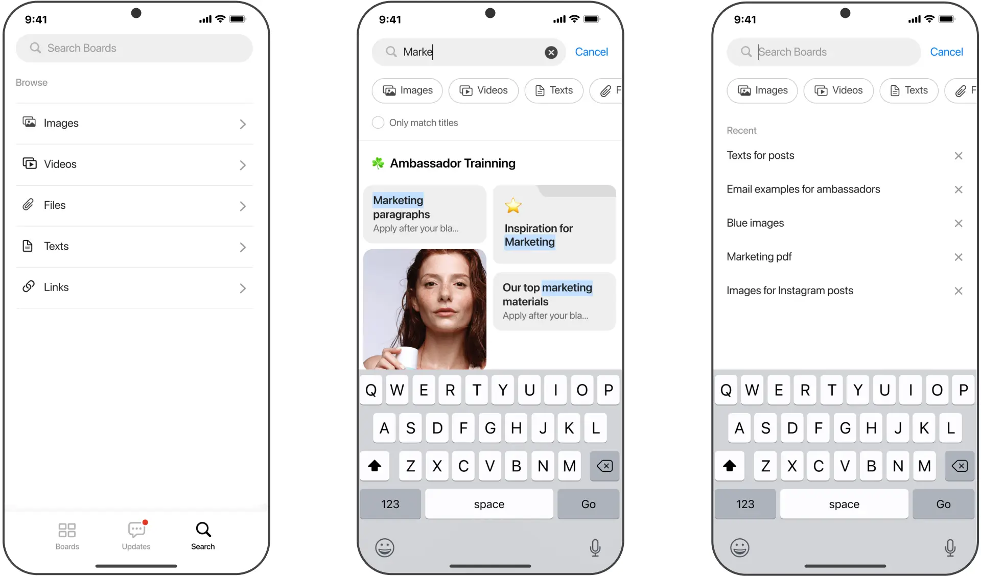 Search in the Boards app with content type filters, highlighted results, and recent searches