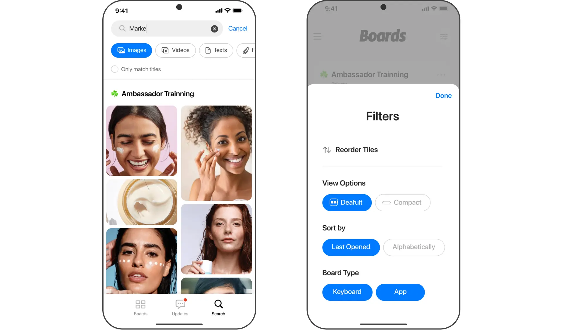 Boards filters sheet with view options, sorting, and board type next to image results