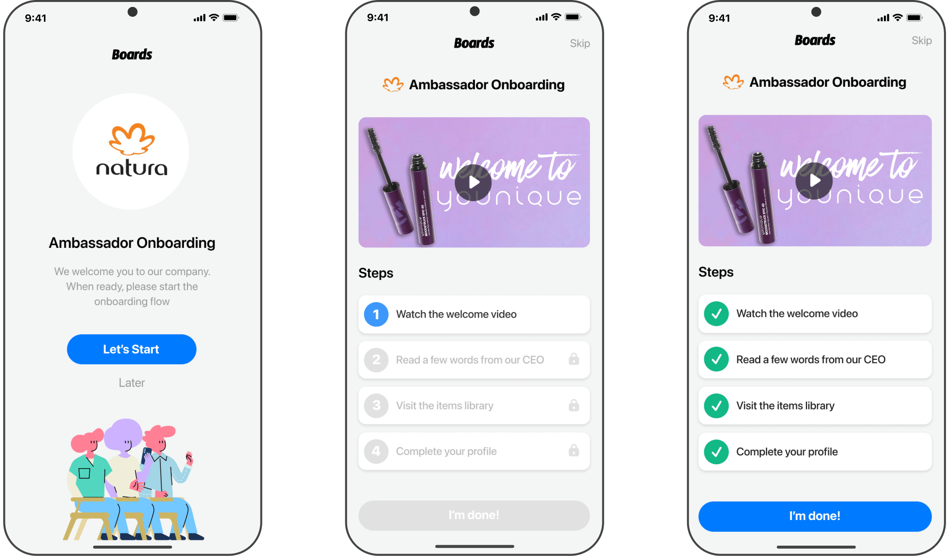 Ambassador onboarding flow in Boards with welcome video and step checklist for Natura