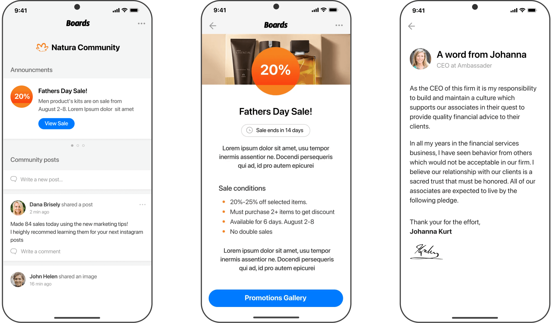 Community management in Boards showing a Natura feed, sale announcement, and CEO message