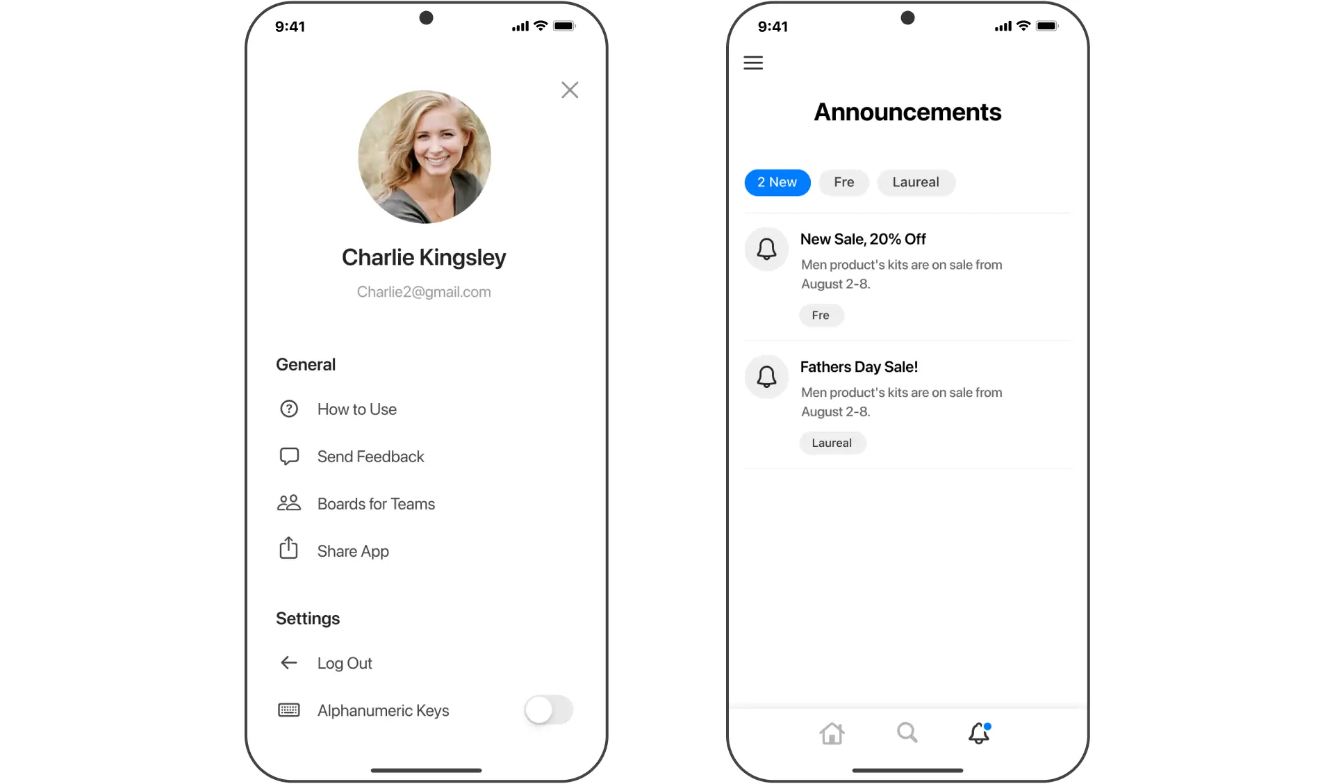 Profile menu and announcements screens in the Boards mobile app