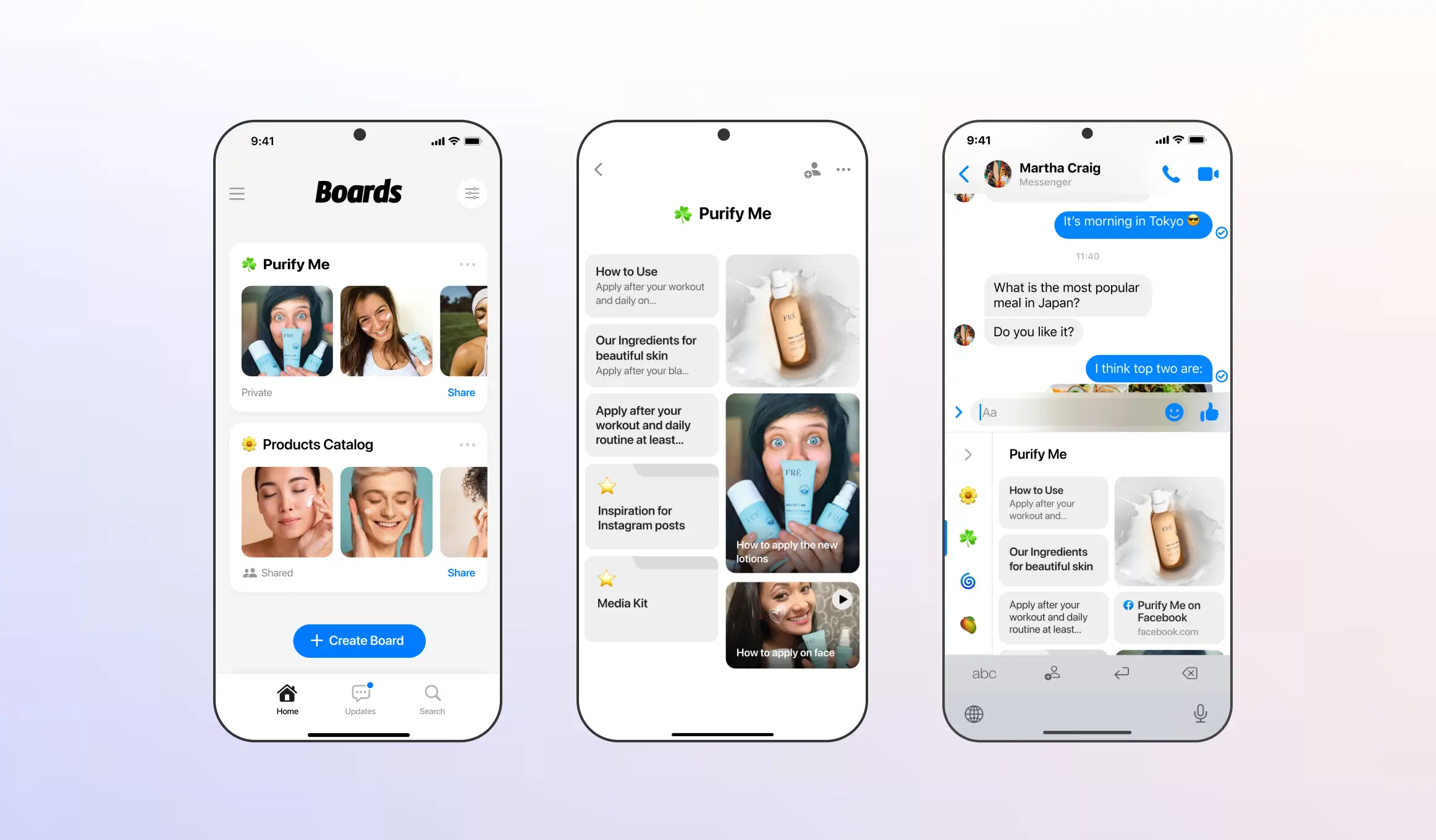 Three Boards app screens with content boards, board detail view, and Messenger keyboard