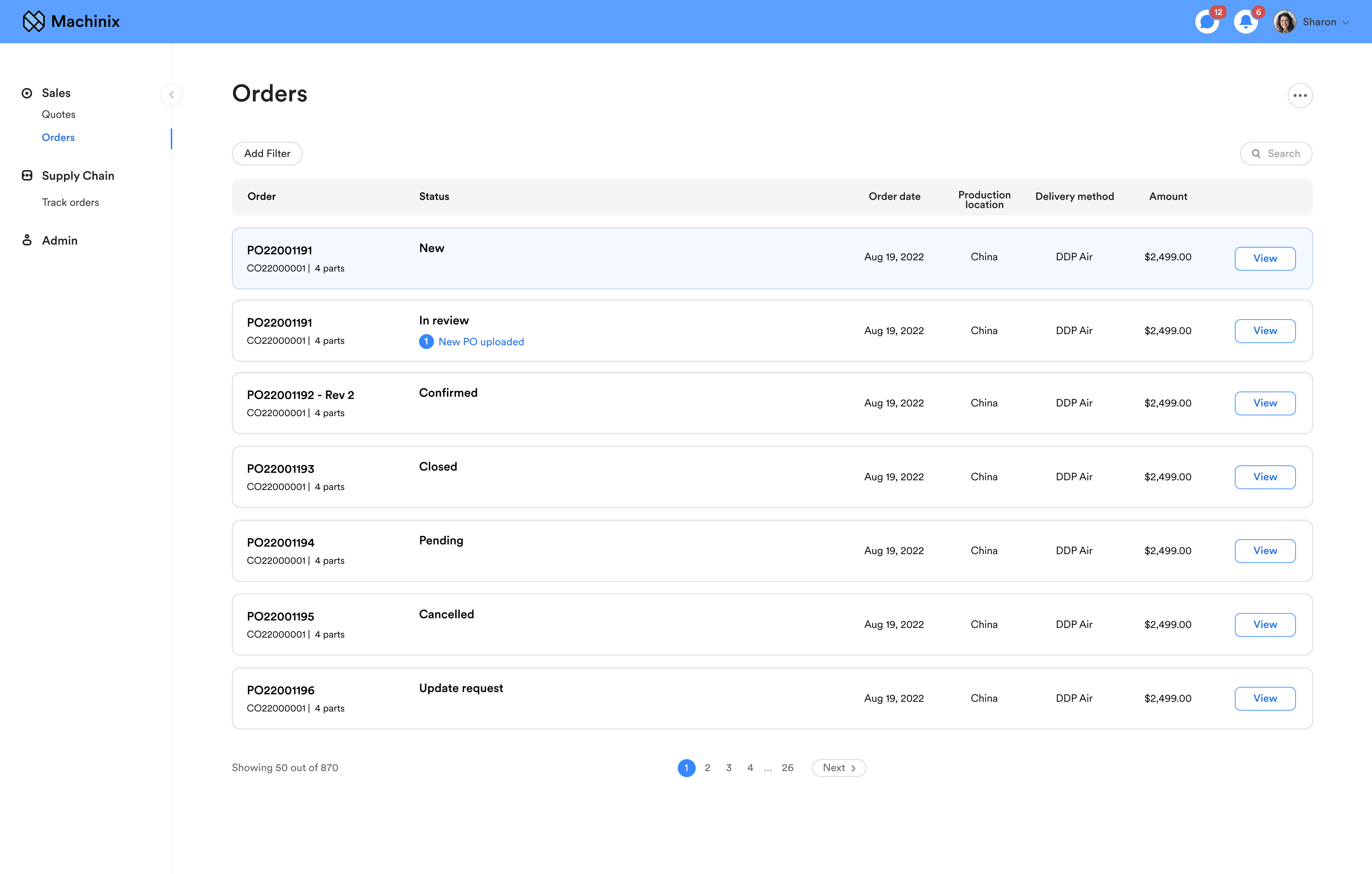 Machinix orders page listing purchase orders with statuses from new to cancelled