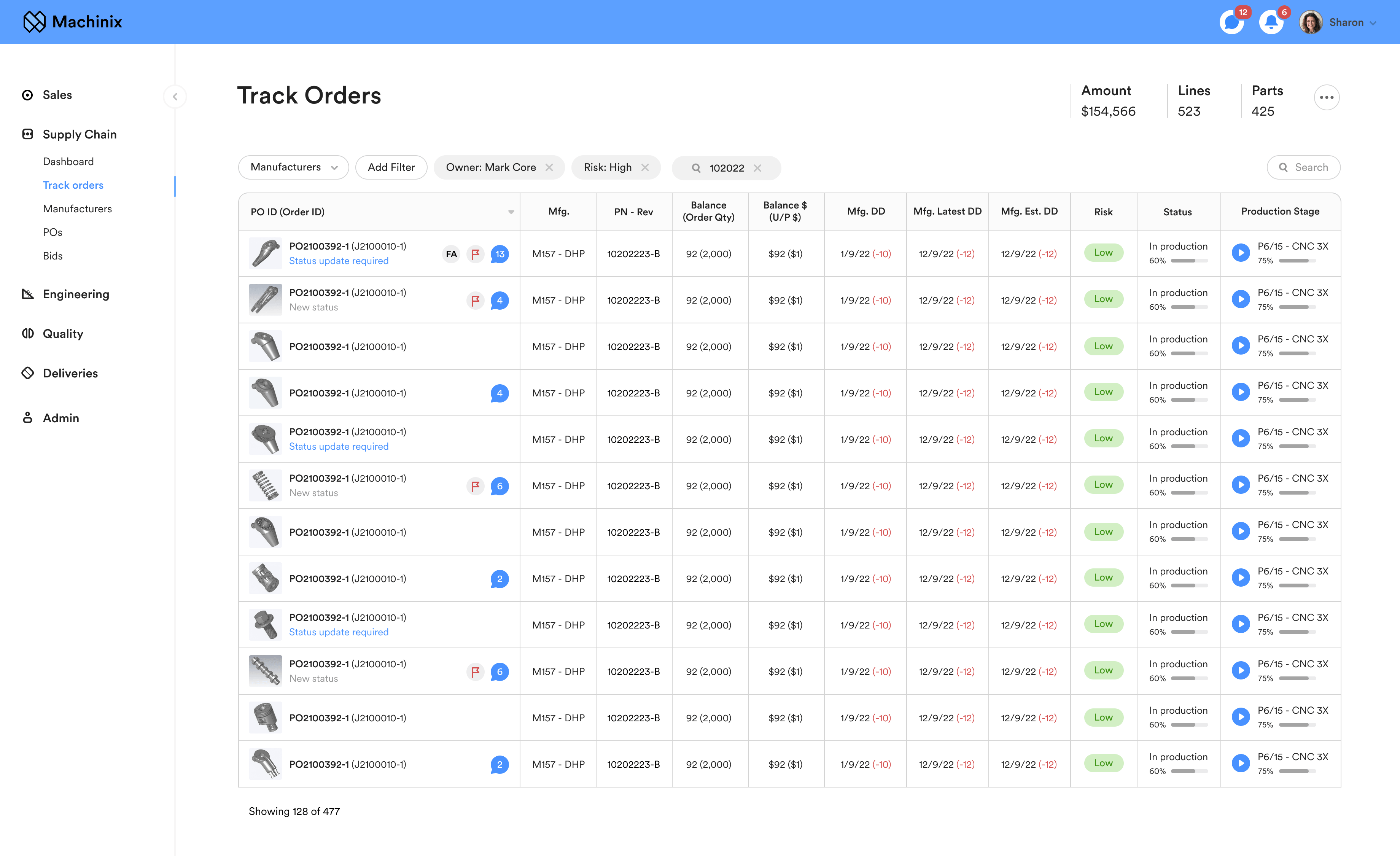 Track orders table in Machinix showing manufacturers, risk levels and production stages