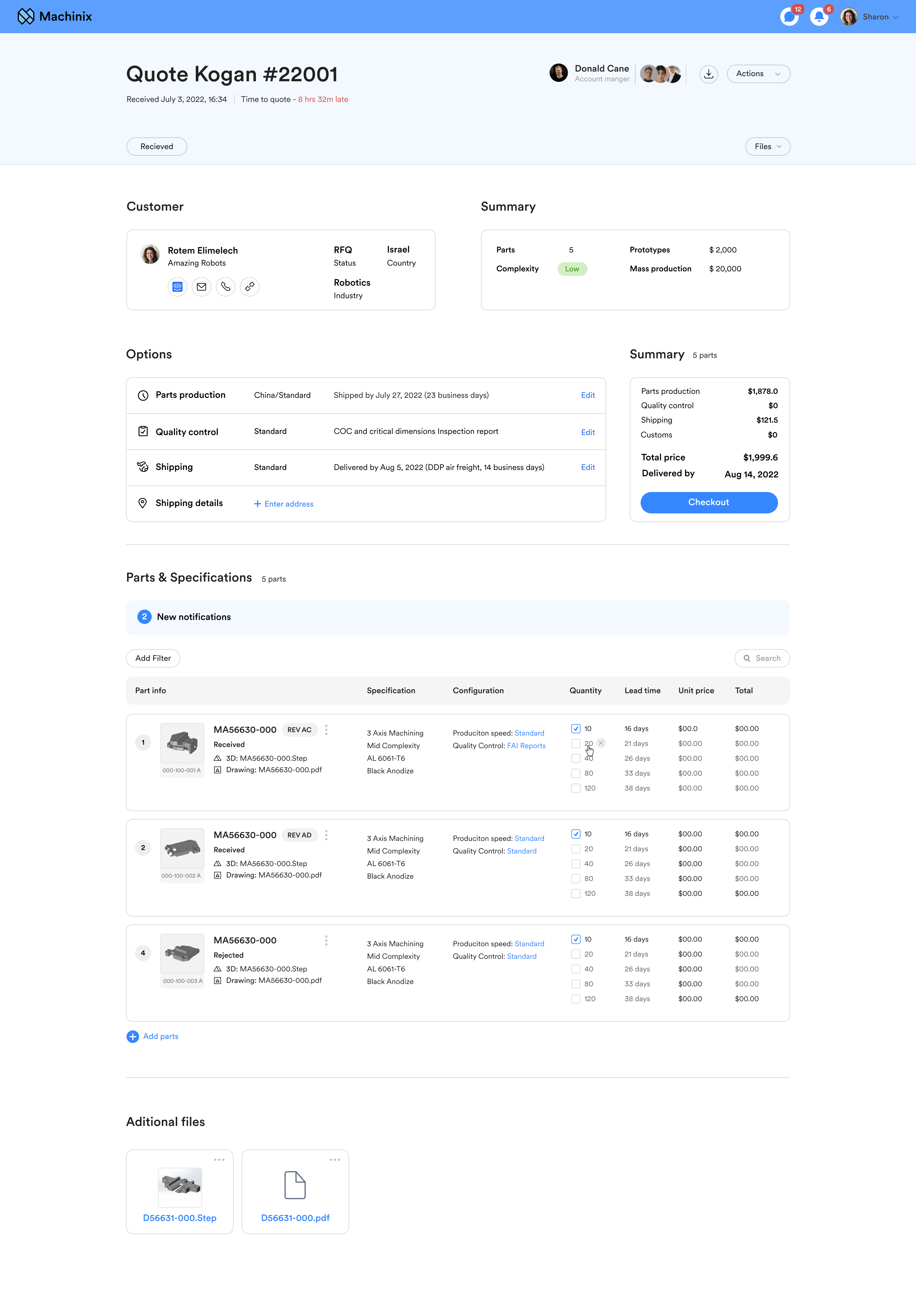 Machinix quote page with part specifications, quantities, lead times and pricing summary