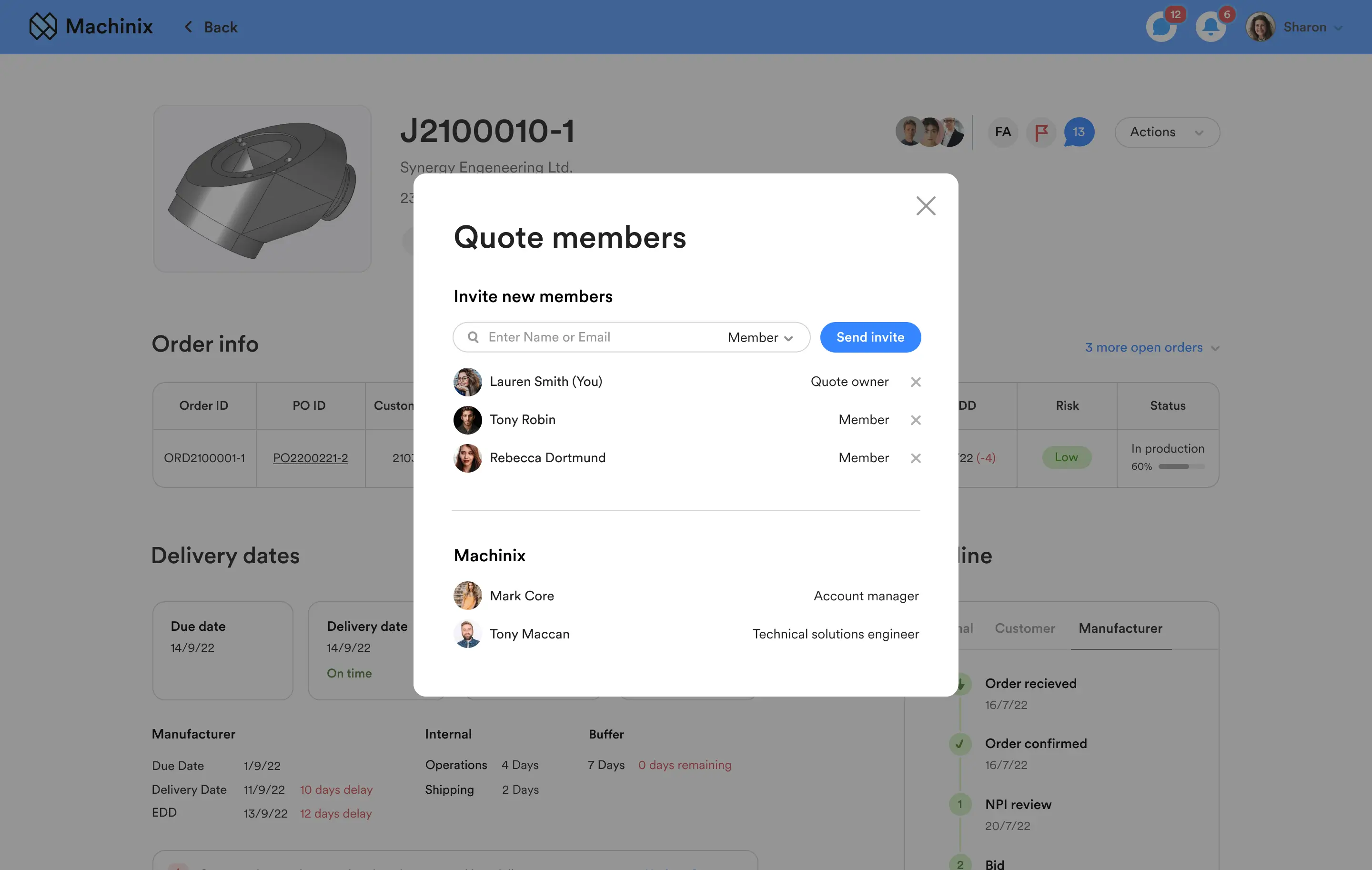 Quote members dialog in Machinix for inviting teammates and assigning roles