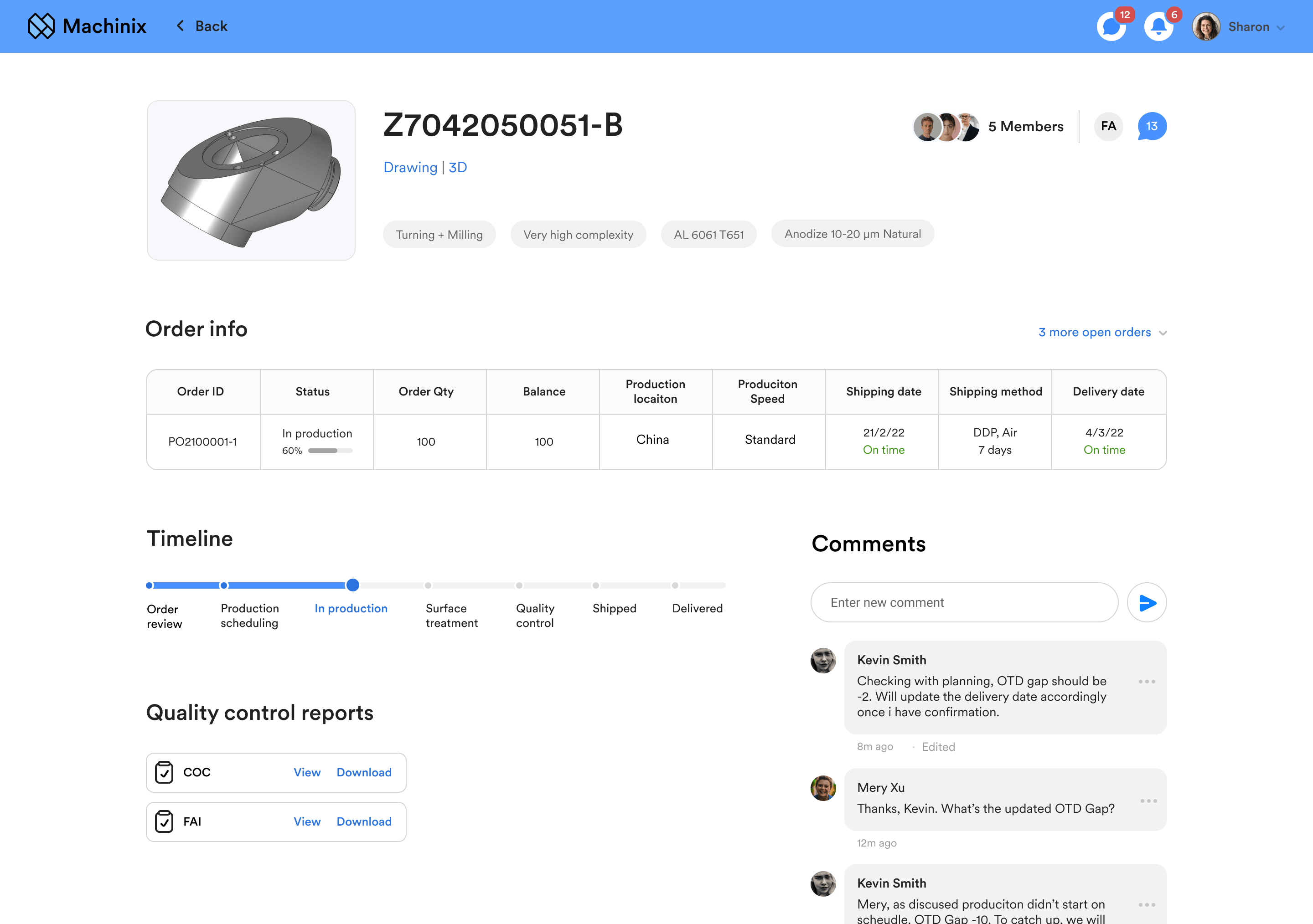 Machinix part order view with production timeline, quality reports and comments