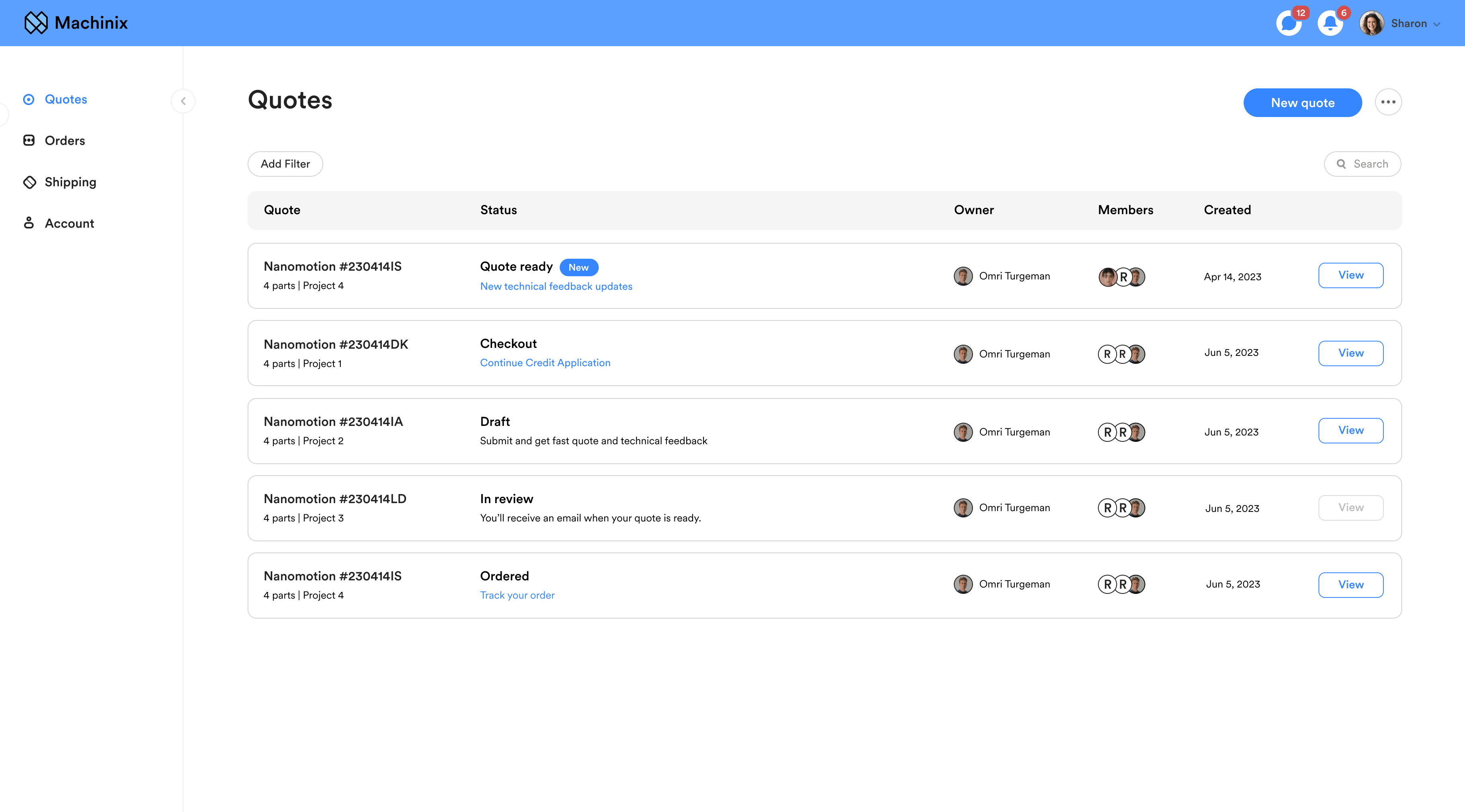 Quotes list in Machinix tracking each quote from draft to ordered