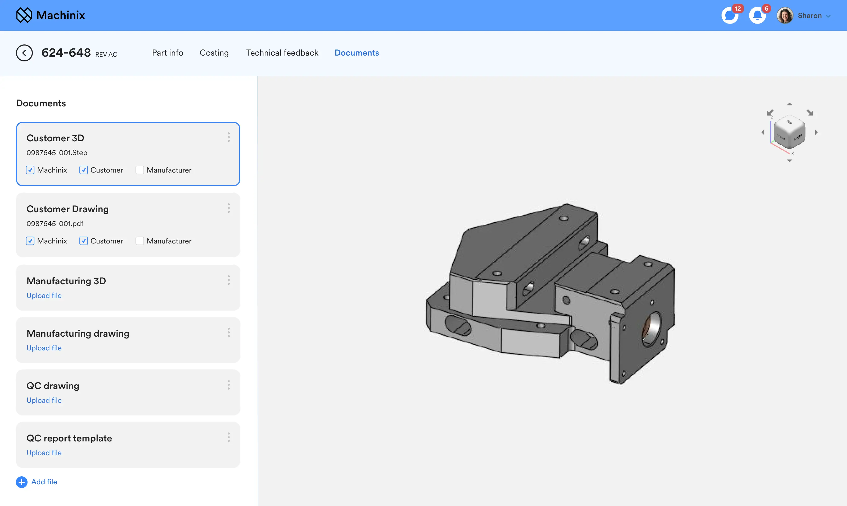 Machinix part documents panel with CAD file uploads and 3D model viewer