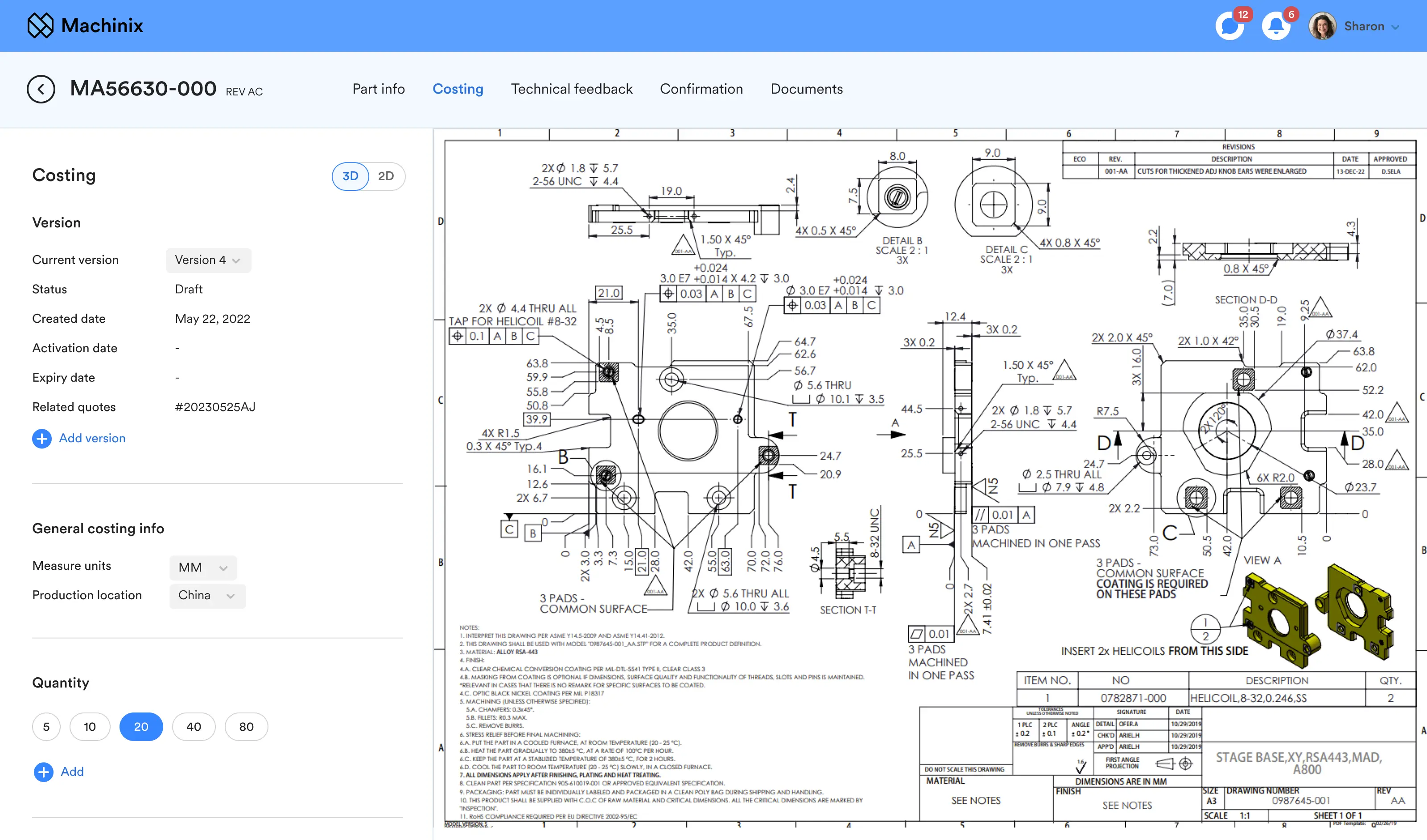 Machinix costing tab with version details and quantity options beside a part drawing