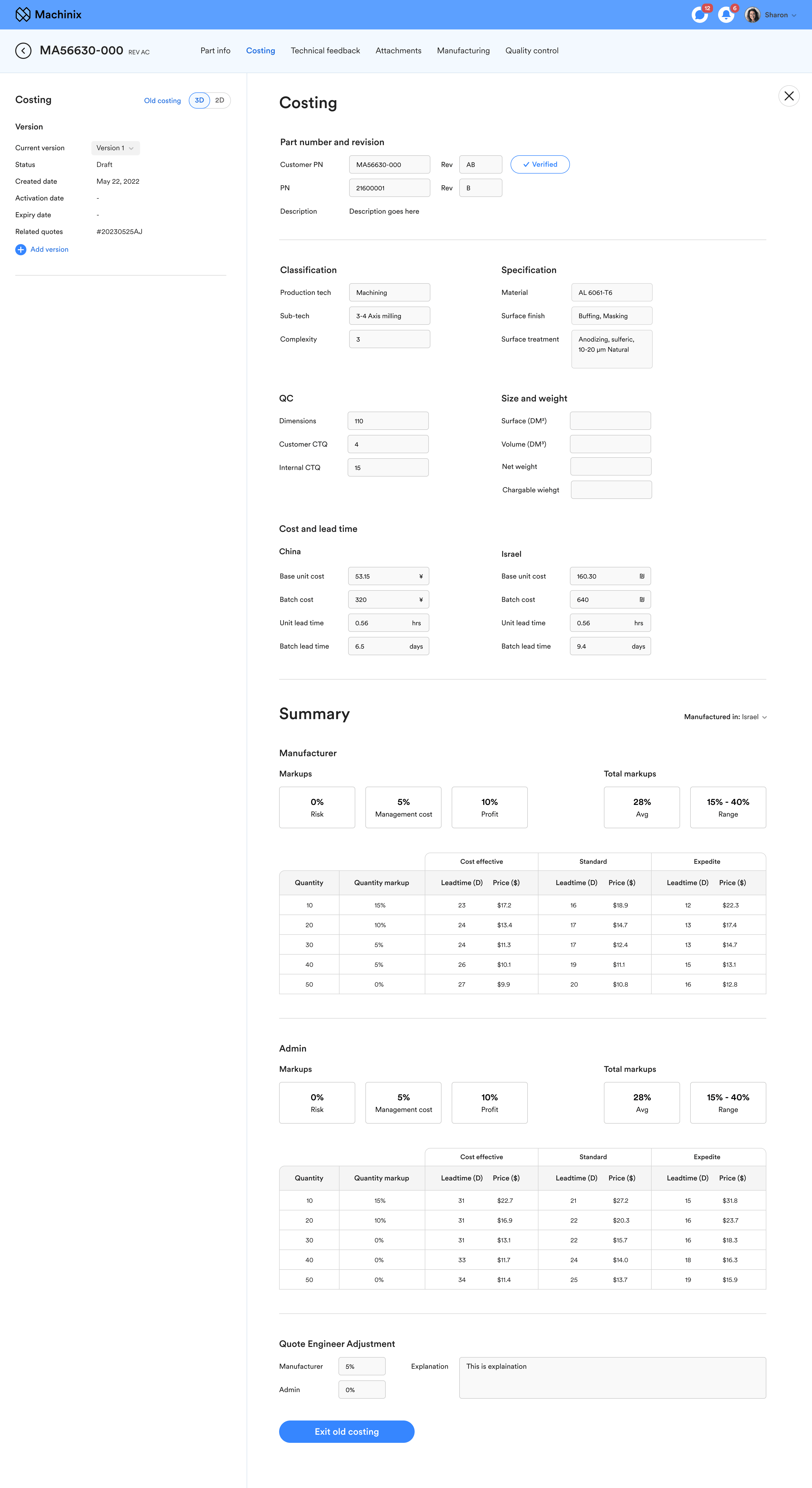 Detailed Machinix costing form with regional costs, lead times and markup summaries