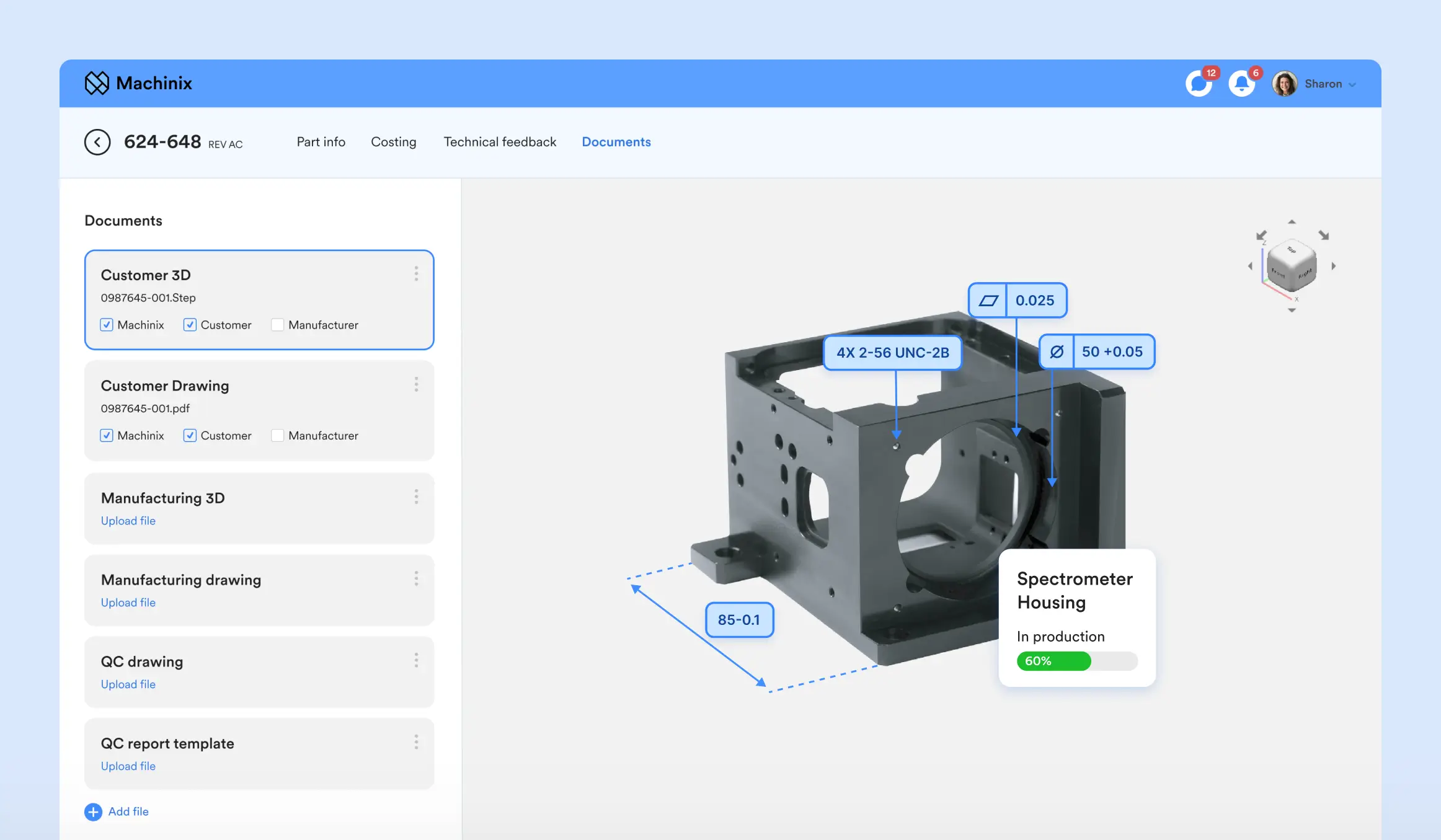 Machinix part documents screen with annotated 3D view of a machined spectrometer housing