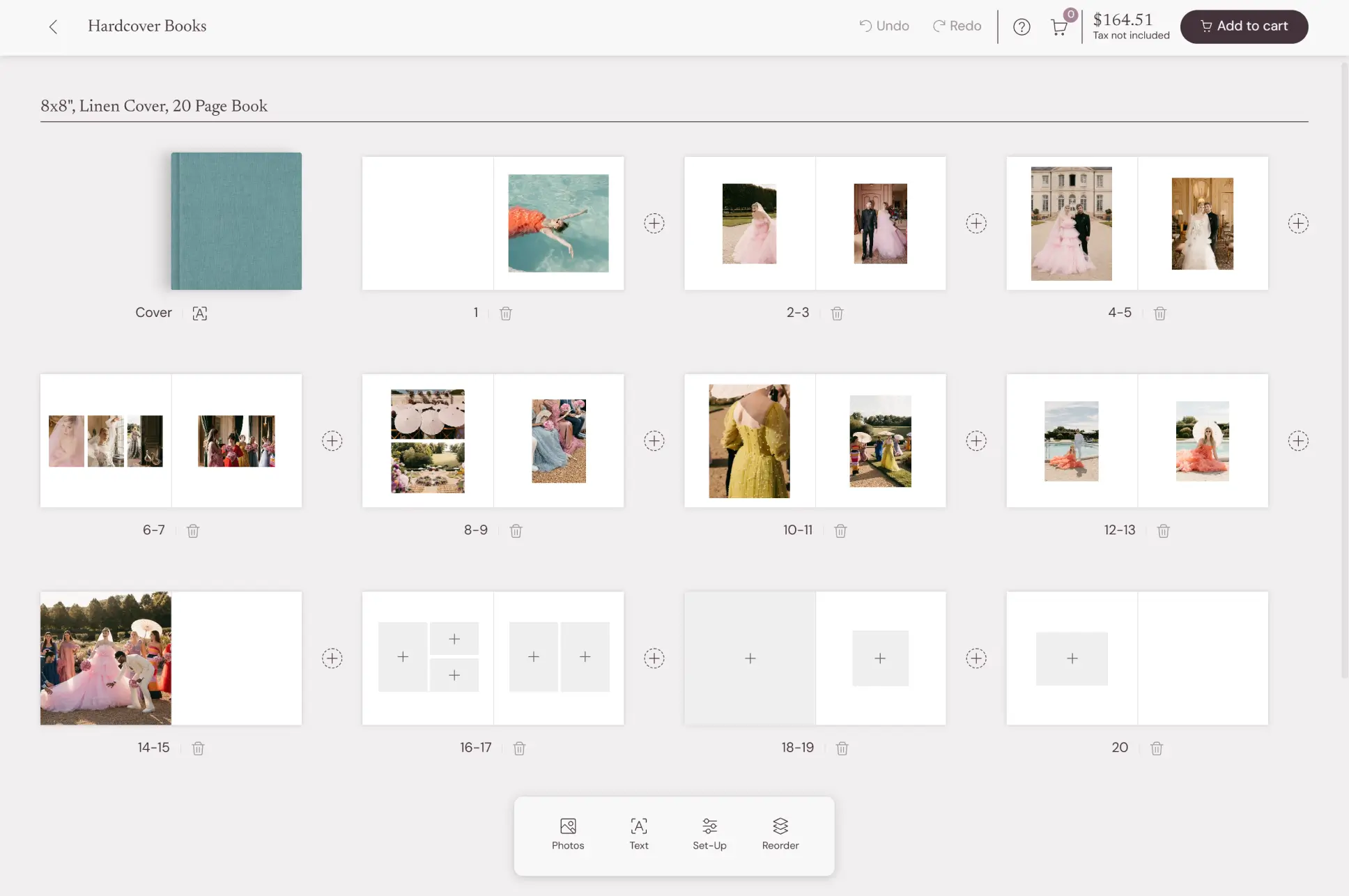Pic-time live editor showing every Hardcover Books spread with Photos, Text and Reorder tools