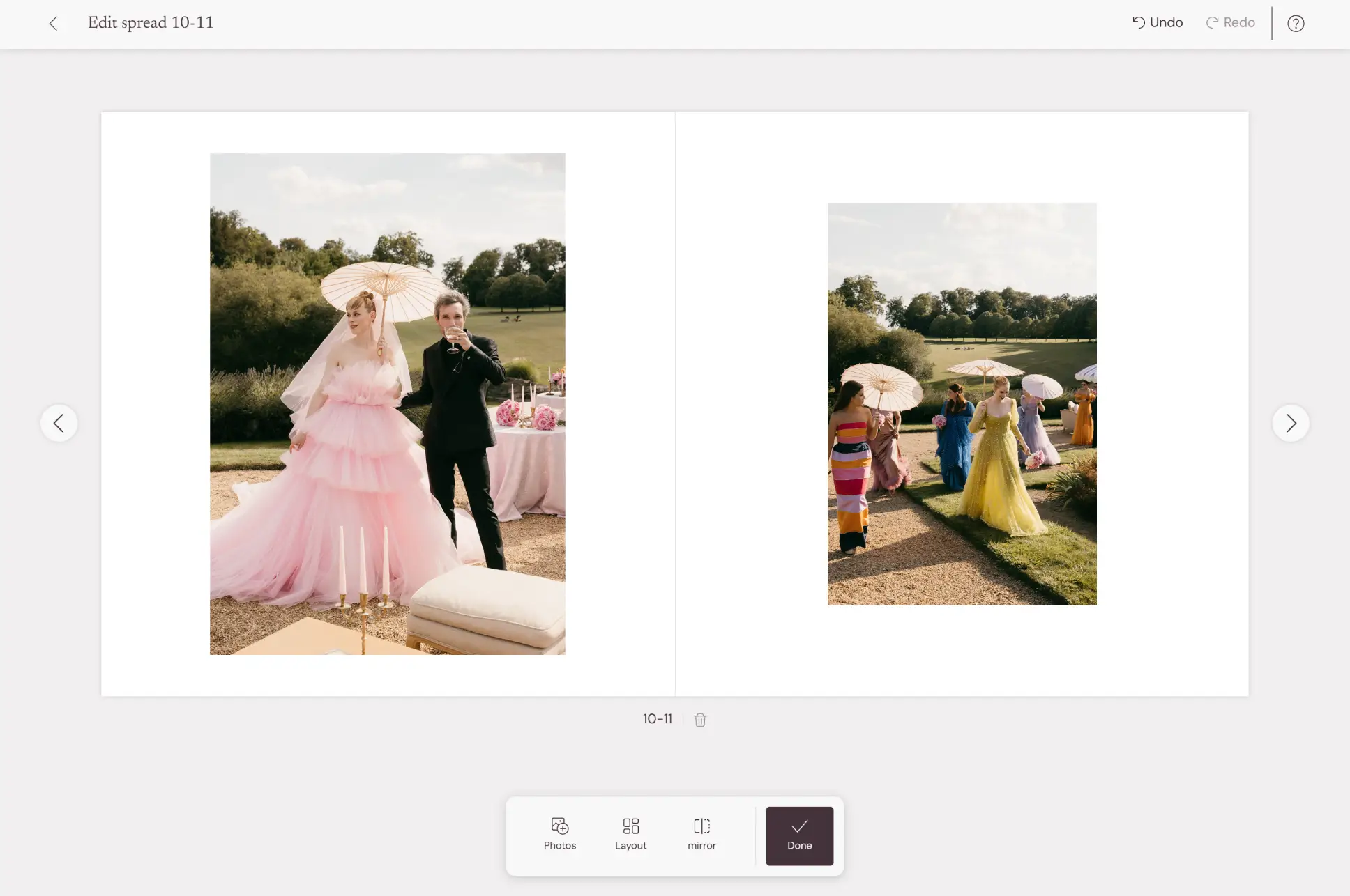 Pic-time live editor on Edit spread 10-11 with Photos, Layout and mirror controls