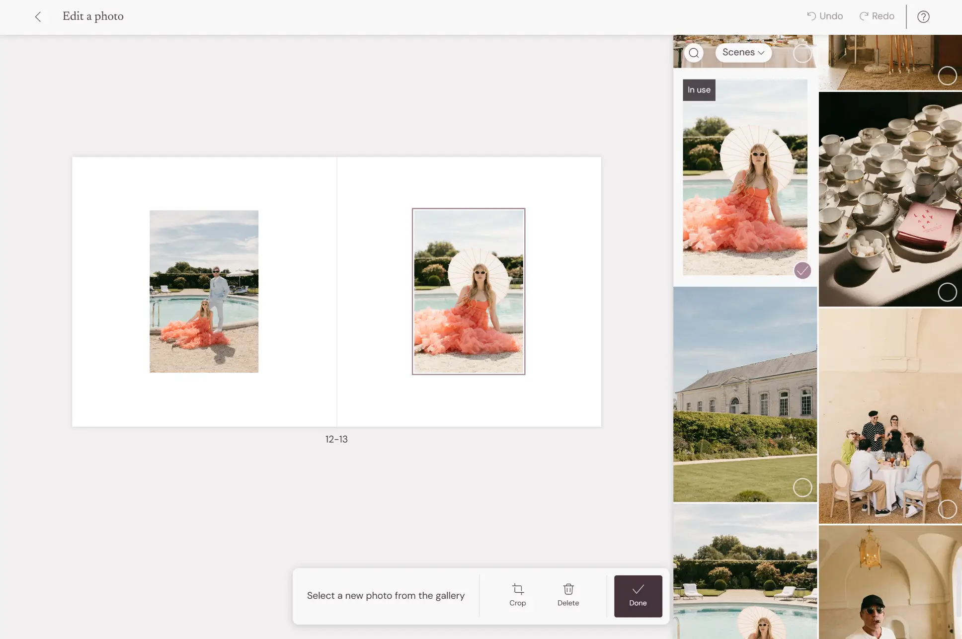 Pic-time live editor swapping a spread photo from the gallery, with crop and delete