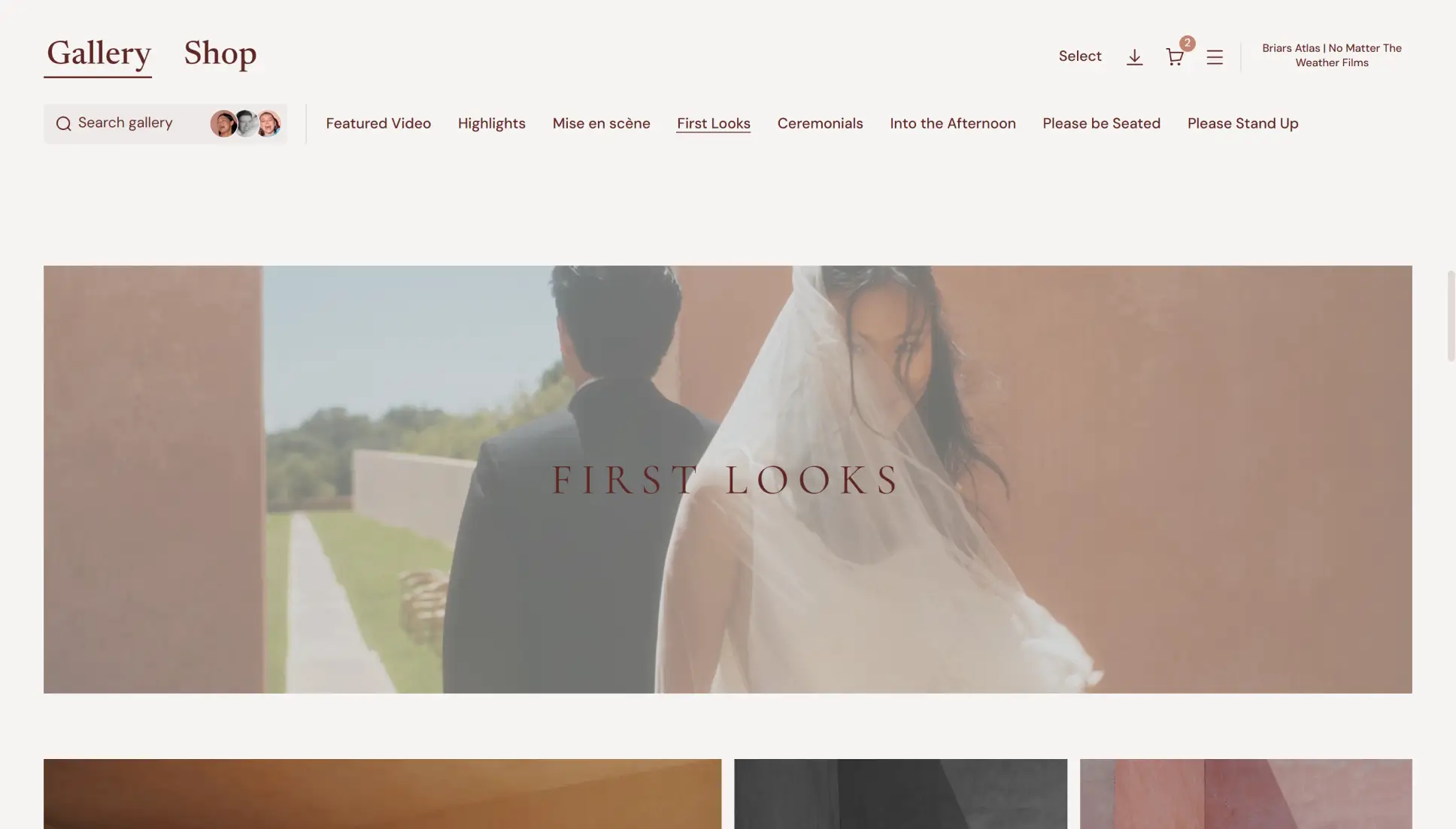 Terracotta Pic-time gallery theme with chapter tabs and a full-width First Looks banner