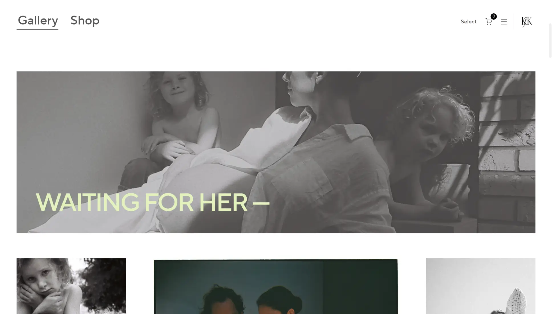 Pic-time gallery theme in geometric sans with a black-and-white Waiting For Her banner