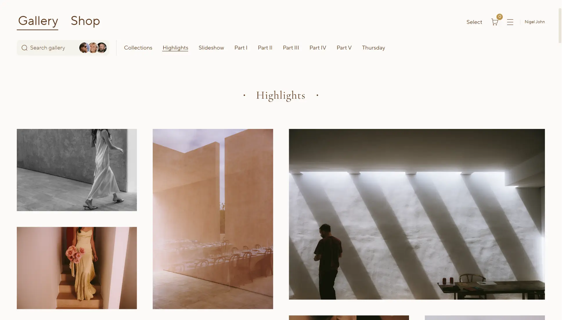 Cream Pic-time gallery theme with a centered Highlights heading and masonry photo grid