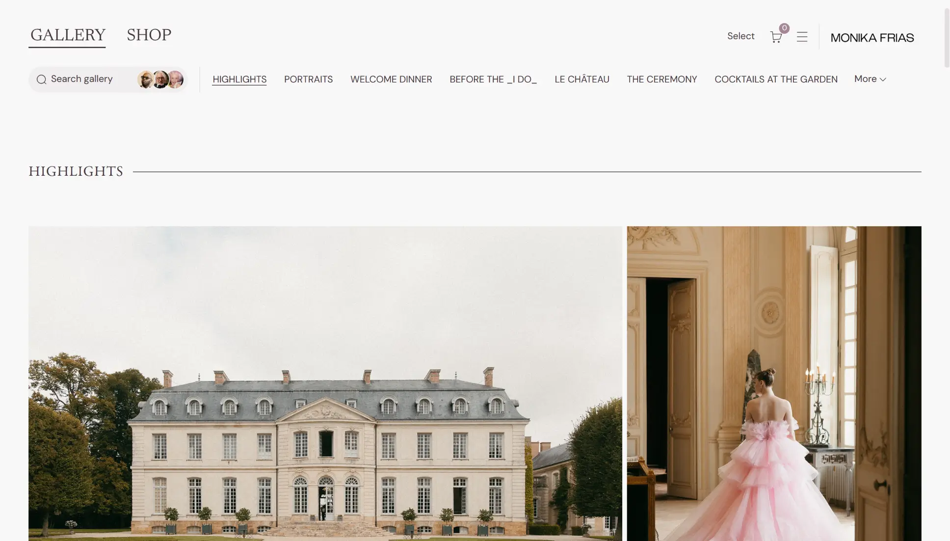 Pic-time gallery theme with uppercase chapter tabs and a Highlights rule above château photos
