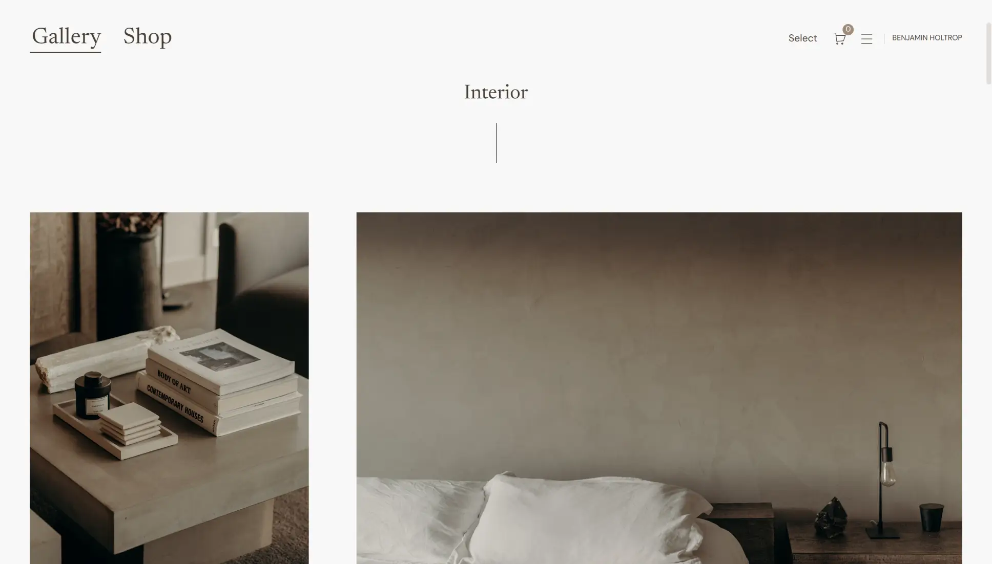 Off-white Pic-time gallery theme with a centered Interior heading above two interior photos