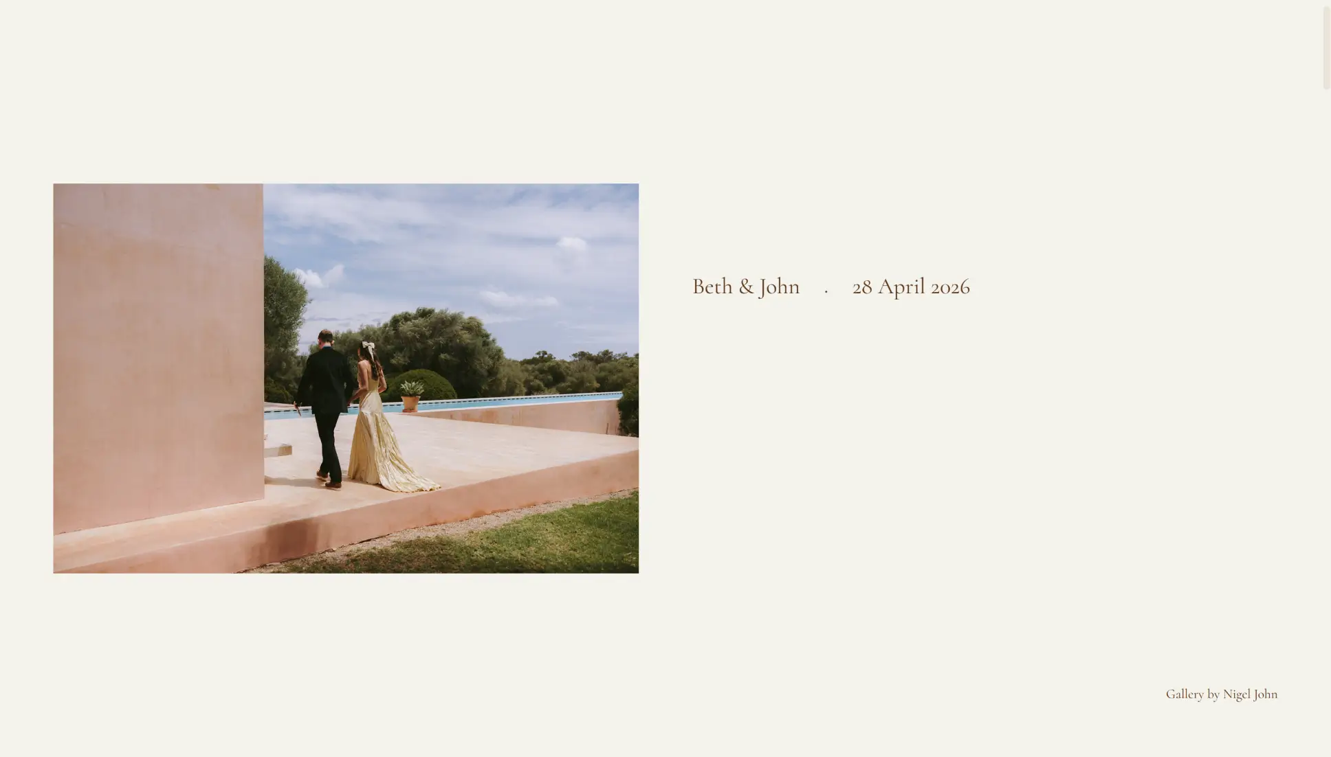 Cream Pic-time gallery cover pairing a single wedding photo with names and date