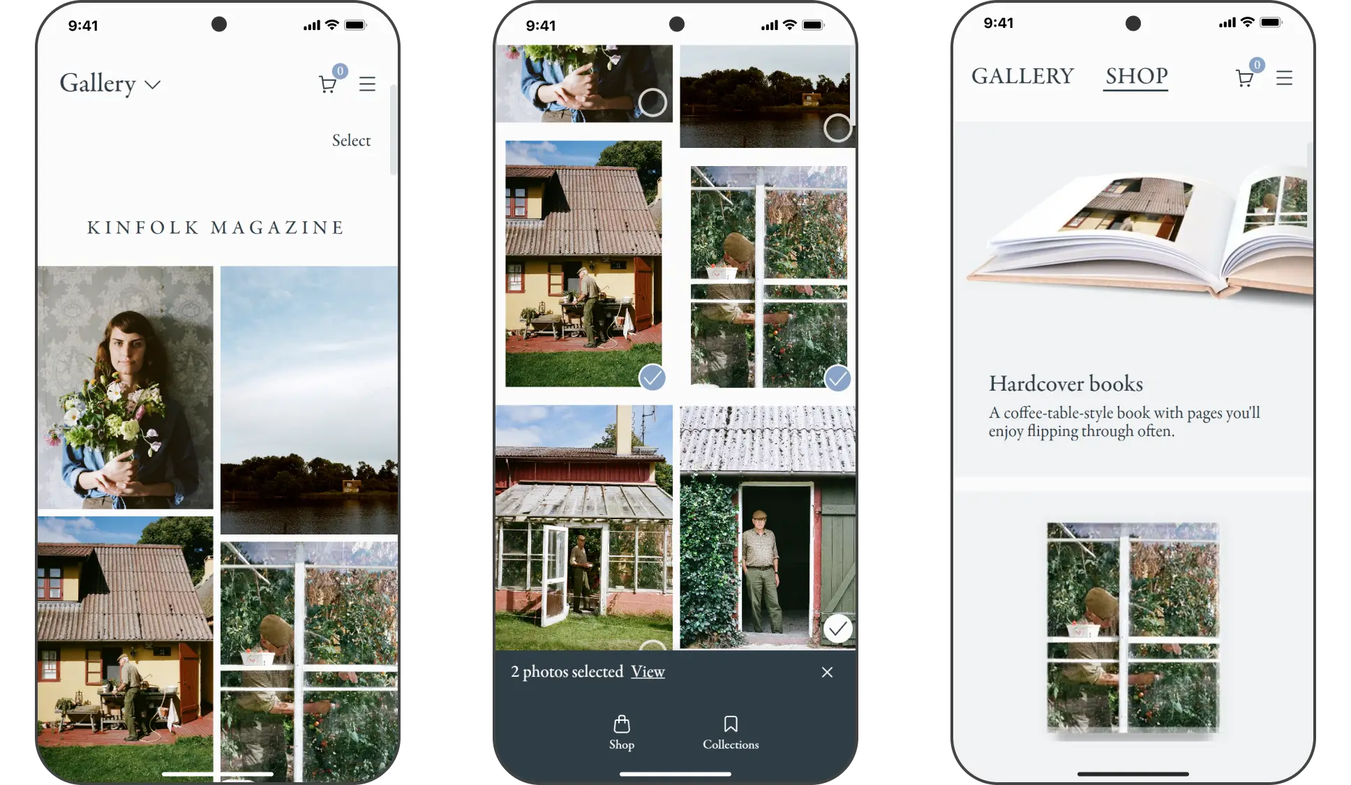 Three Pic-time mobile screens: gallery, photo multi-select bar and the Hardcover books shop