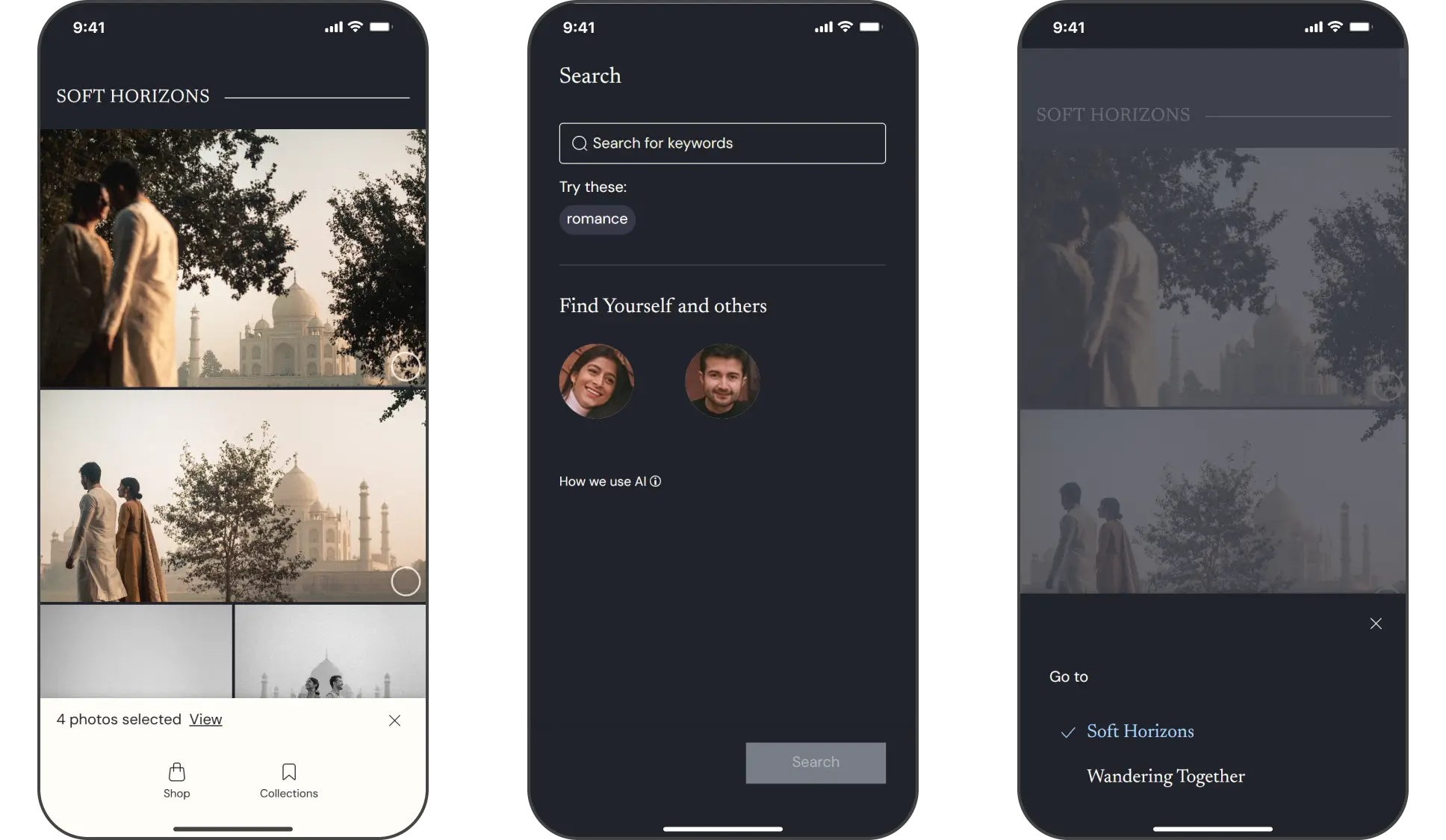 Three dark Pic-time phone screens: photo selection, keyword search and a chapter sheet
