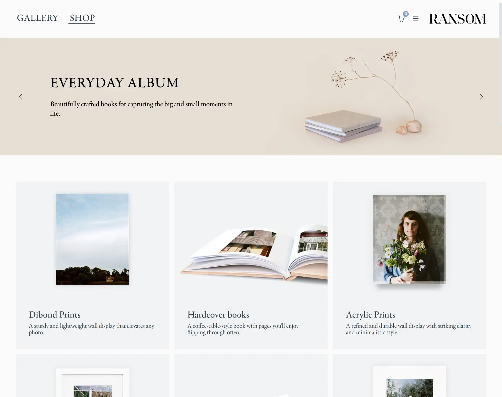 Pic-time gallery shop with an Everyday Album banner above Dibond, Hardcover and Acrylic cards