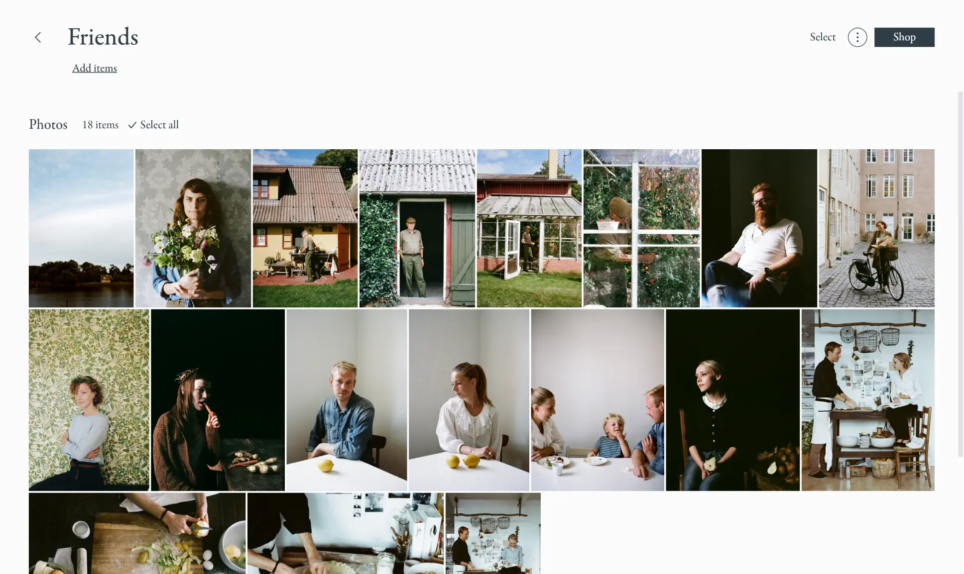 Pic-time visitor collection named Friends with 18 saved photos and an Add items link