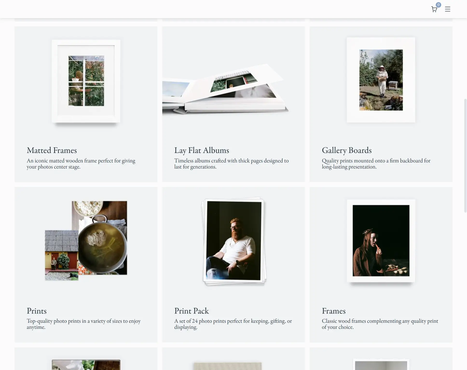 Pic-time shop product grid: Matted Frames, Lay Flat Albums, Gallery Boards and Prints