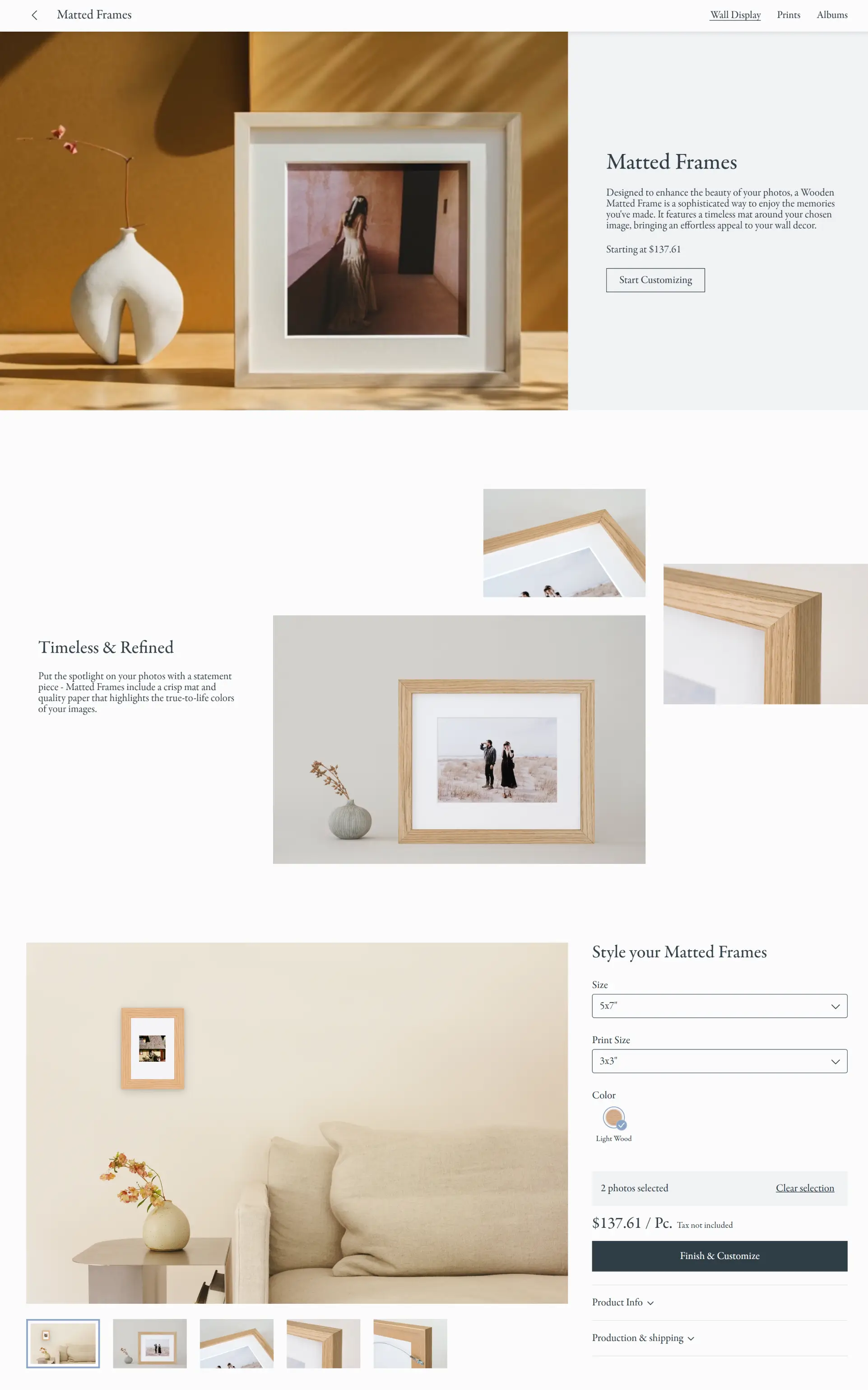 Pic-time Matted Frames product page with size, print size and color pickers and price