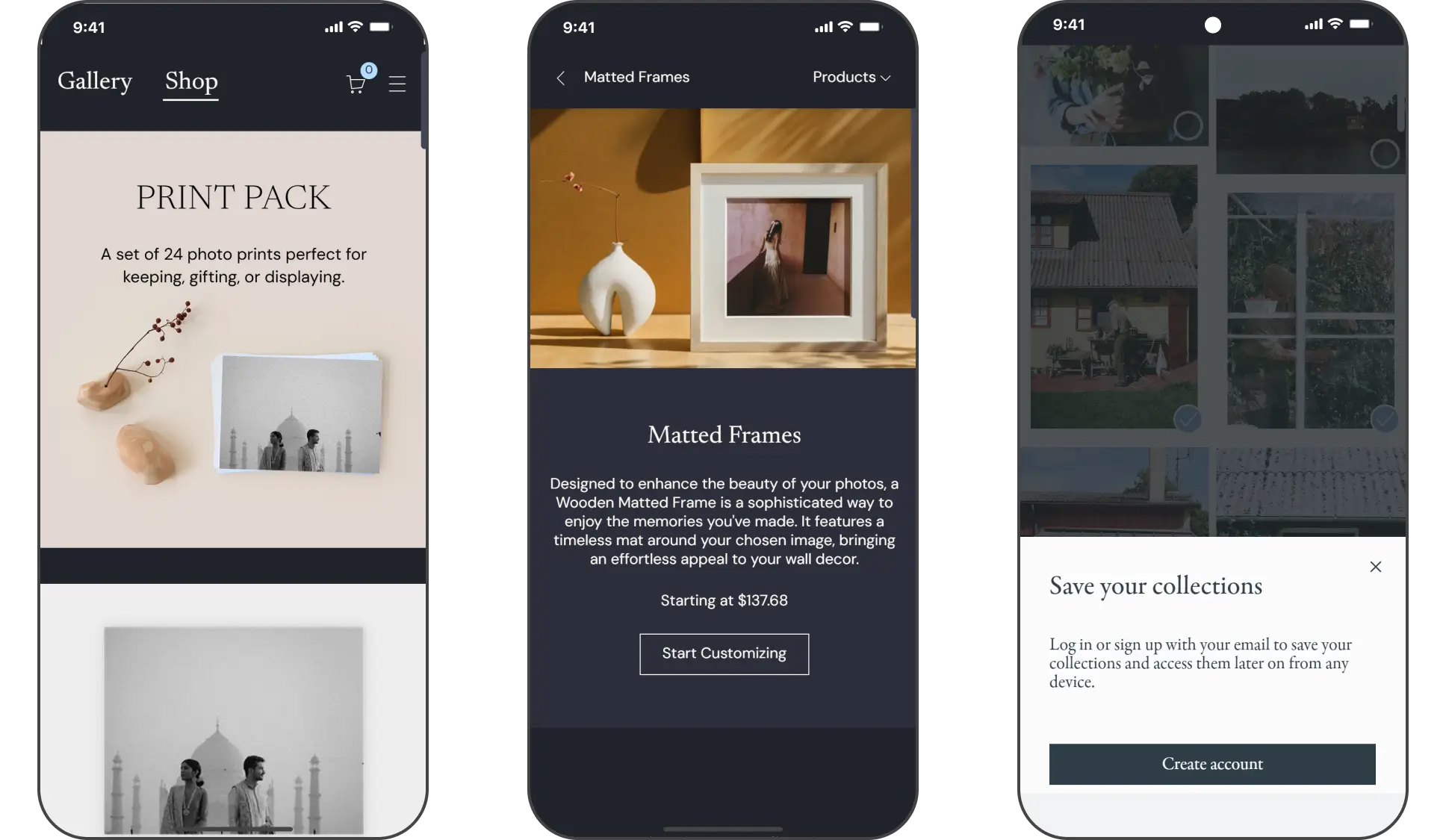 Three Pic-time phone shop screens: Print Pack, Matted Frames and a save-collections sign-up