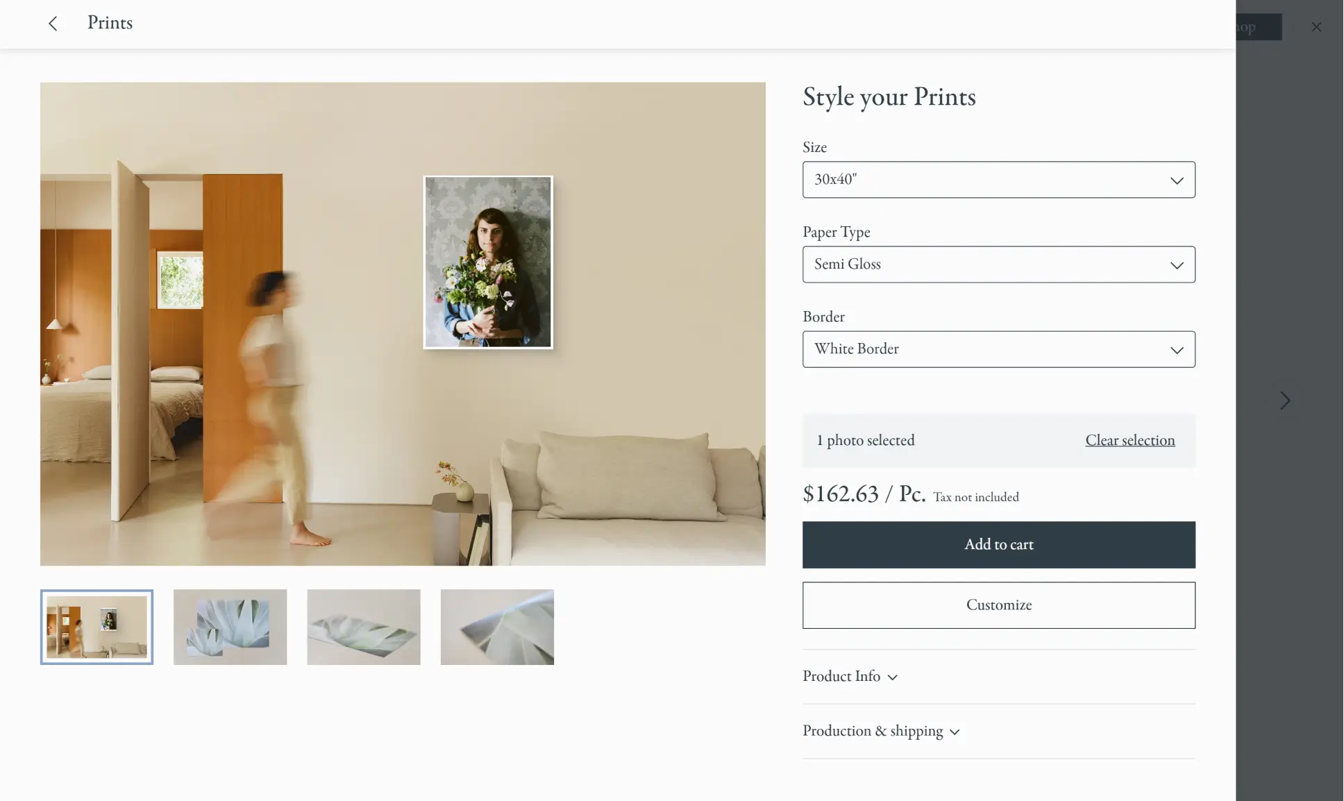 Pic-time print styling page with size, paper and border choices and a room preview