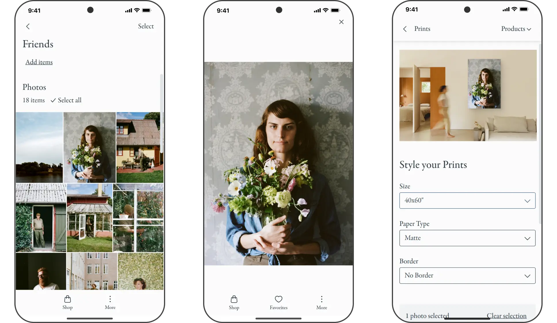 Three Pic-time phone screens: Friends collection, photo with Favorites bar, and print styling