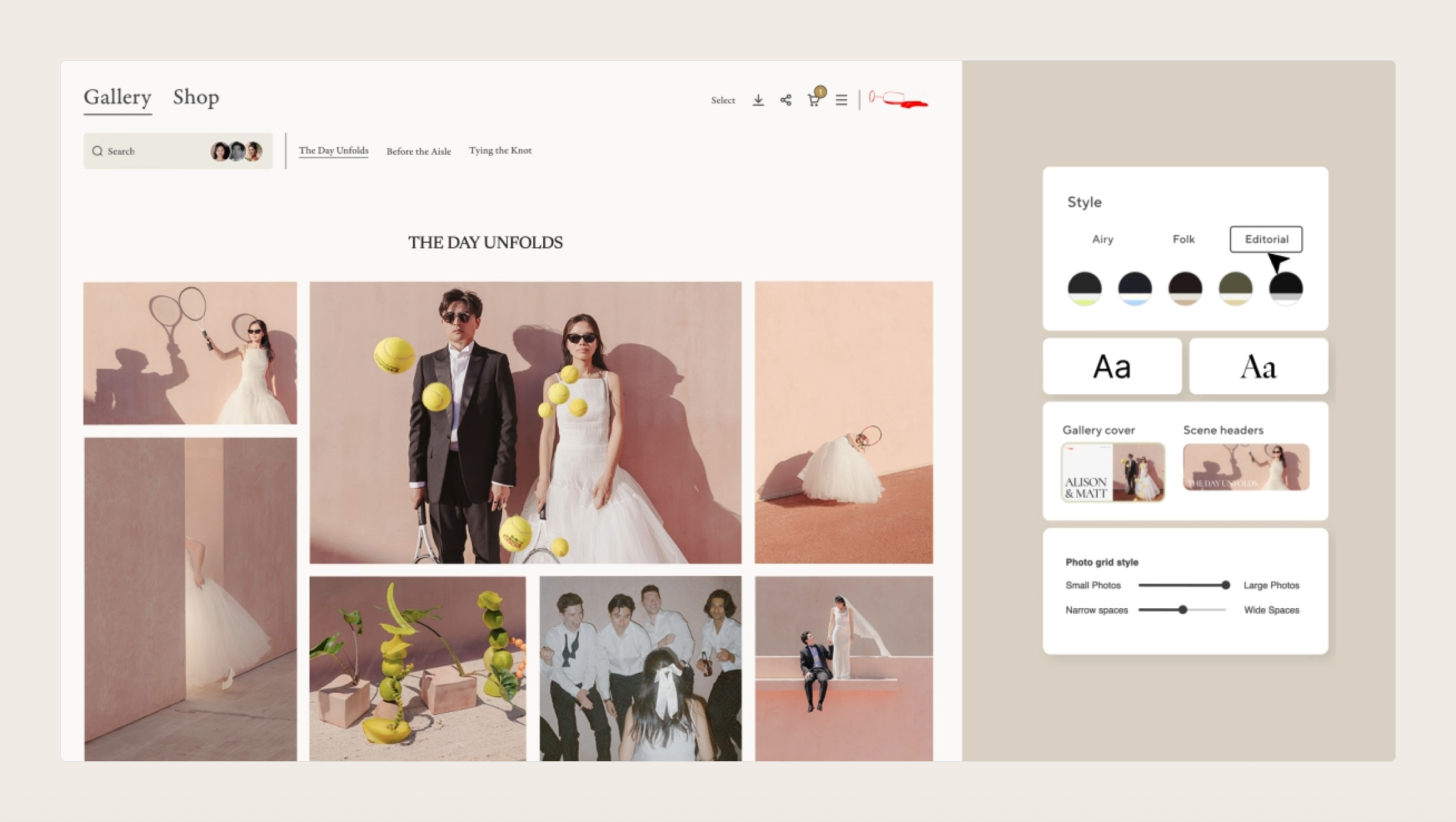 Pic-time wedding gallery with editorial style, typography and photo grid customization panels