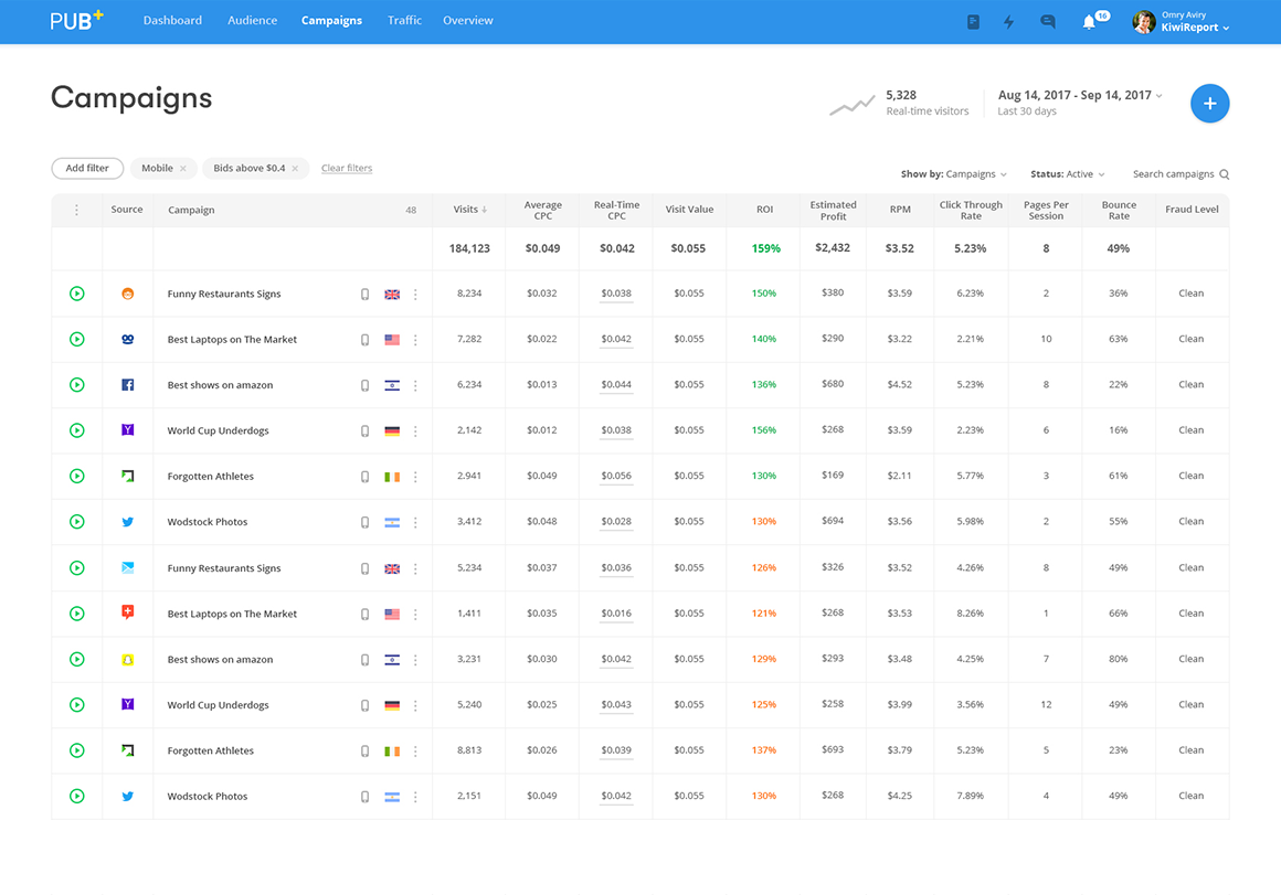 Pub+ campaigns screen with extended metrics including RPM, click-through rate and fraud level