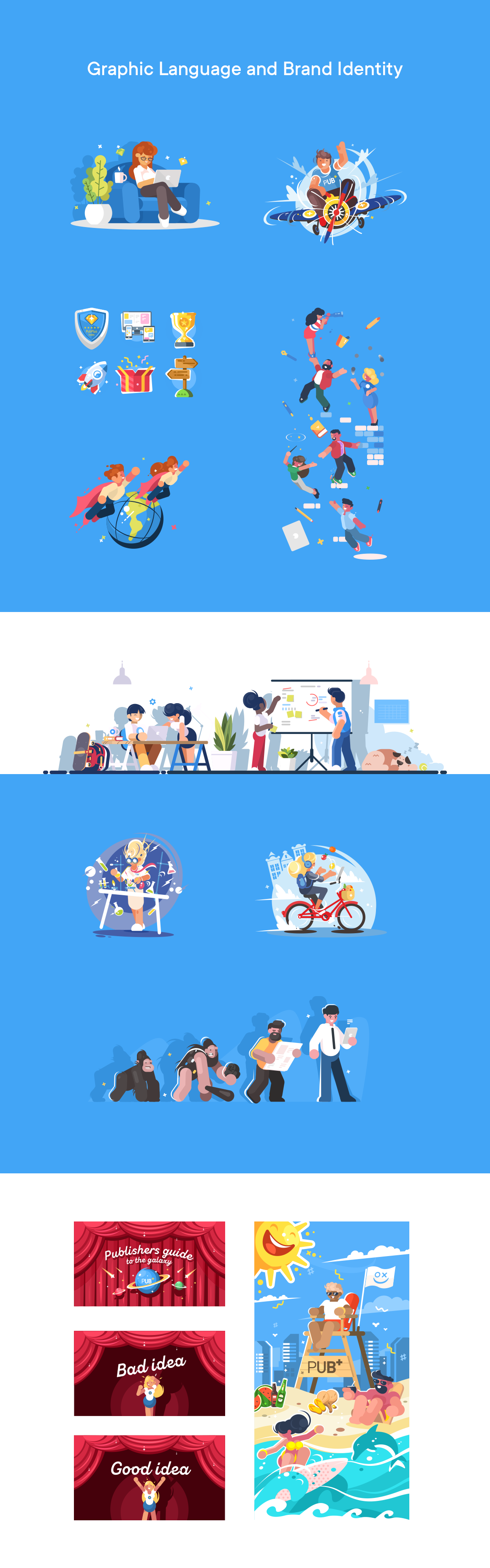 Pub+ graphic language and brand identity board with flat character illustrations