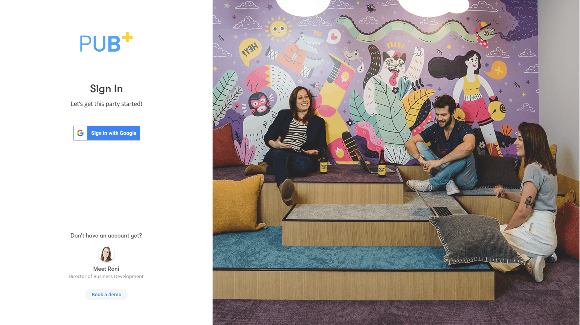 Pub+ sign-in page with Google login beside a photo of the team's mural-covered office
