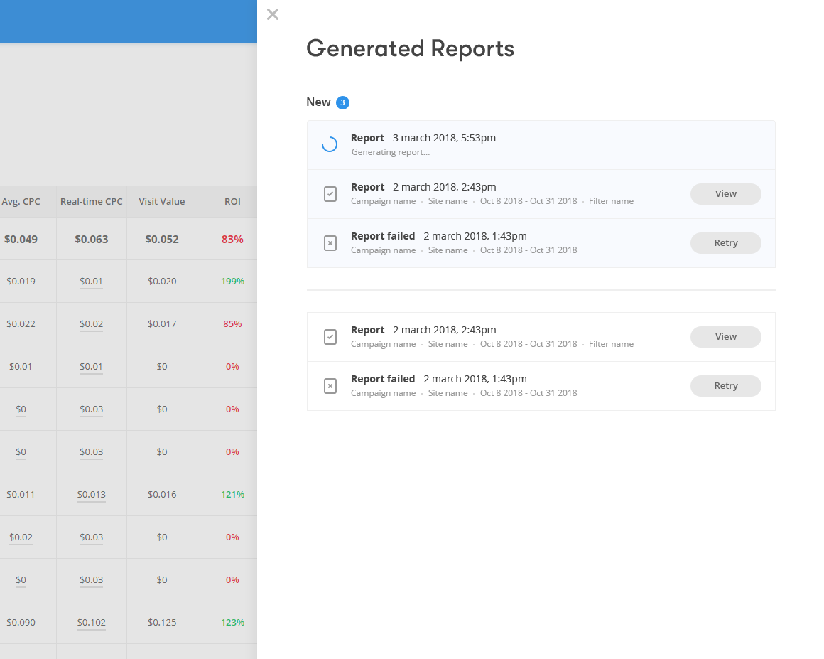 Generated reports side panel in Pub+ showing completed, failed and generating reports