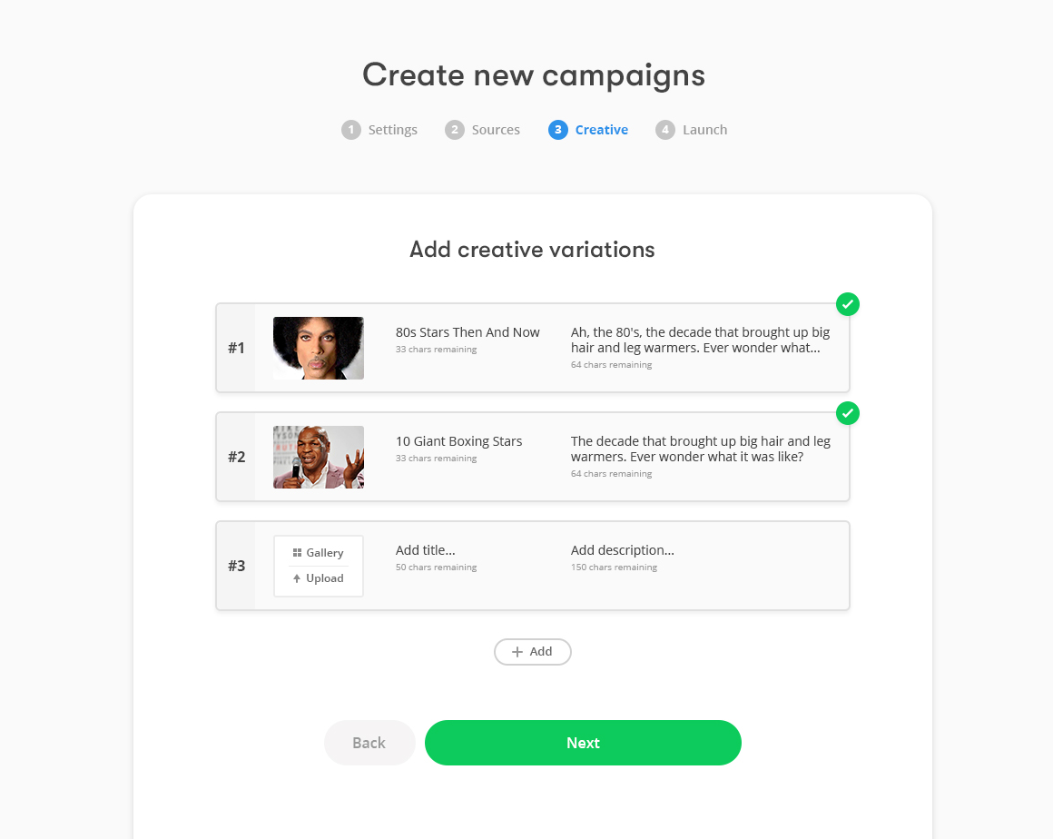 Creative variations step of the Pub+ create campaign wizard with ad titles and thumbnails