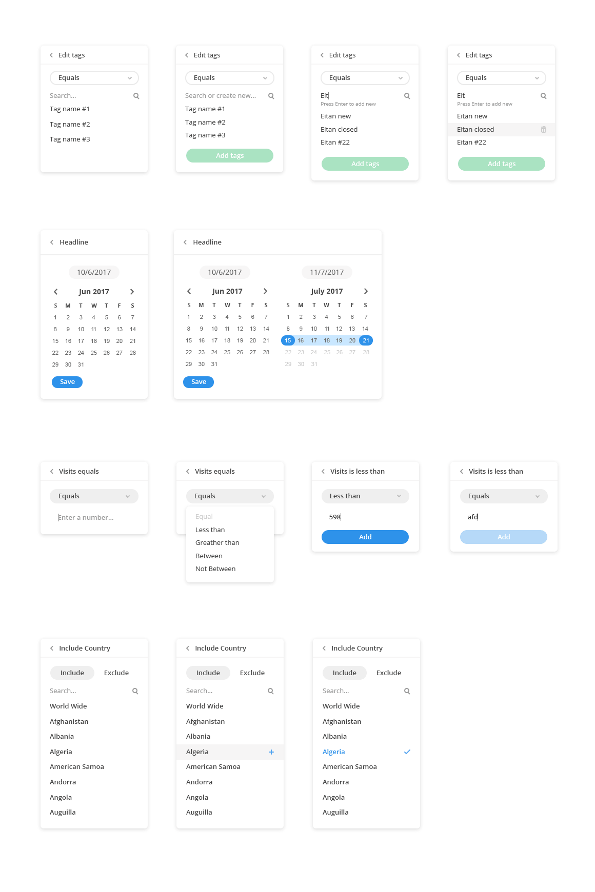 Pub+ design system sheet of filter panel states for tags, dates, visits and countries